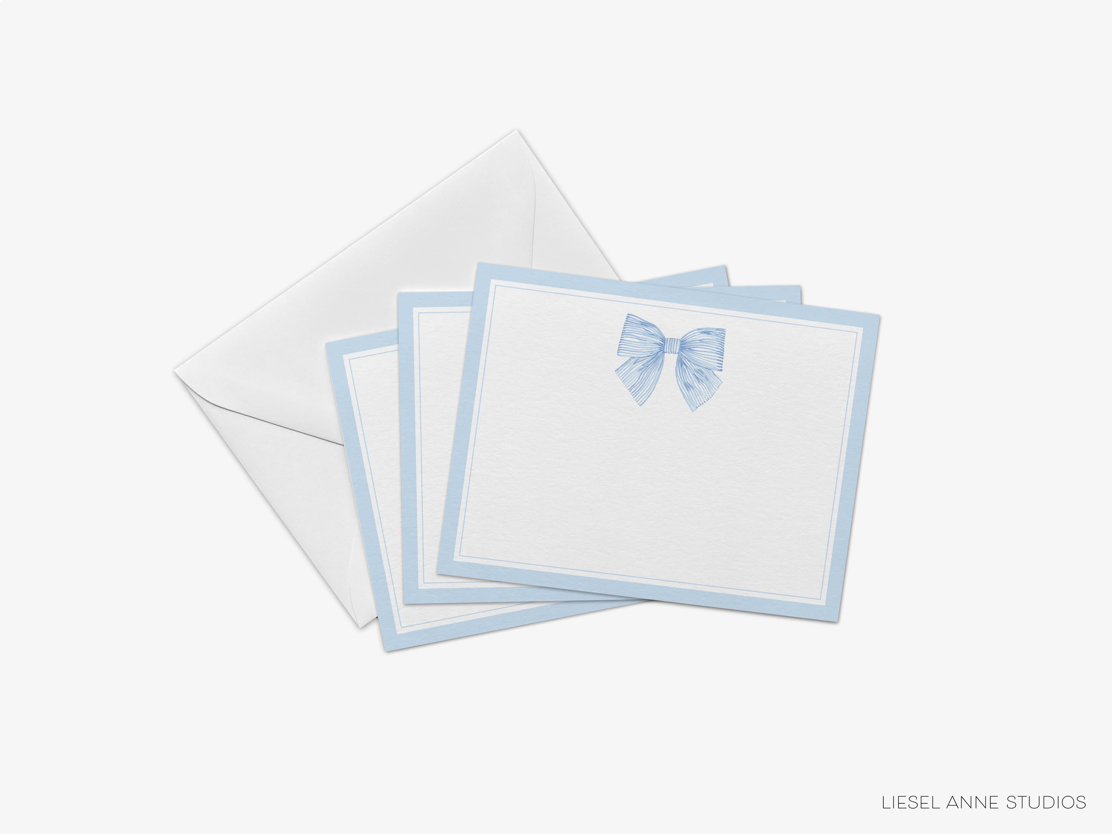 Blue Striped Bow Flat Notes-These personalized flat notecards are 4.25x5.5 and feature our hand-painted watercolor blue bow, printed in the USA on 120lb textured stock. They come with your choice of envelopes and make great thank you cards and gifts for the bow lover in your life.-The Singing Little Bird