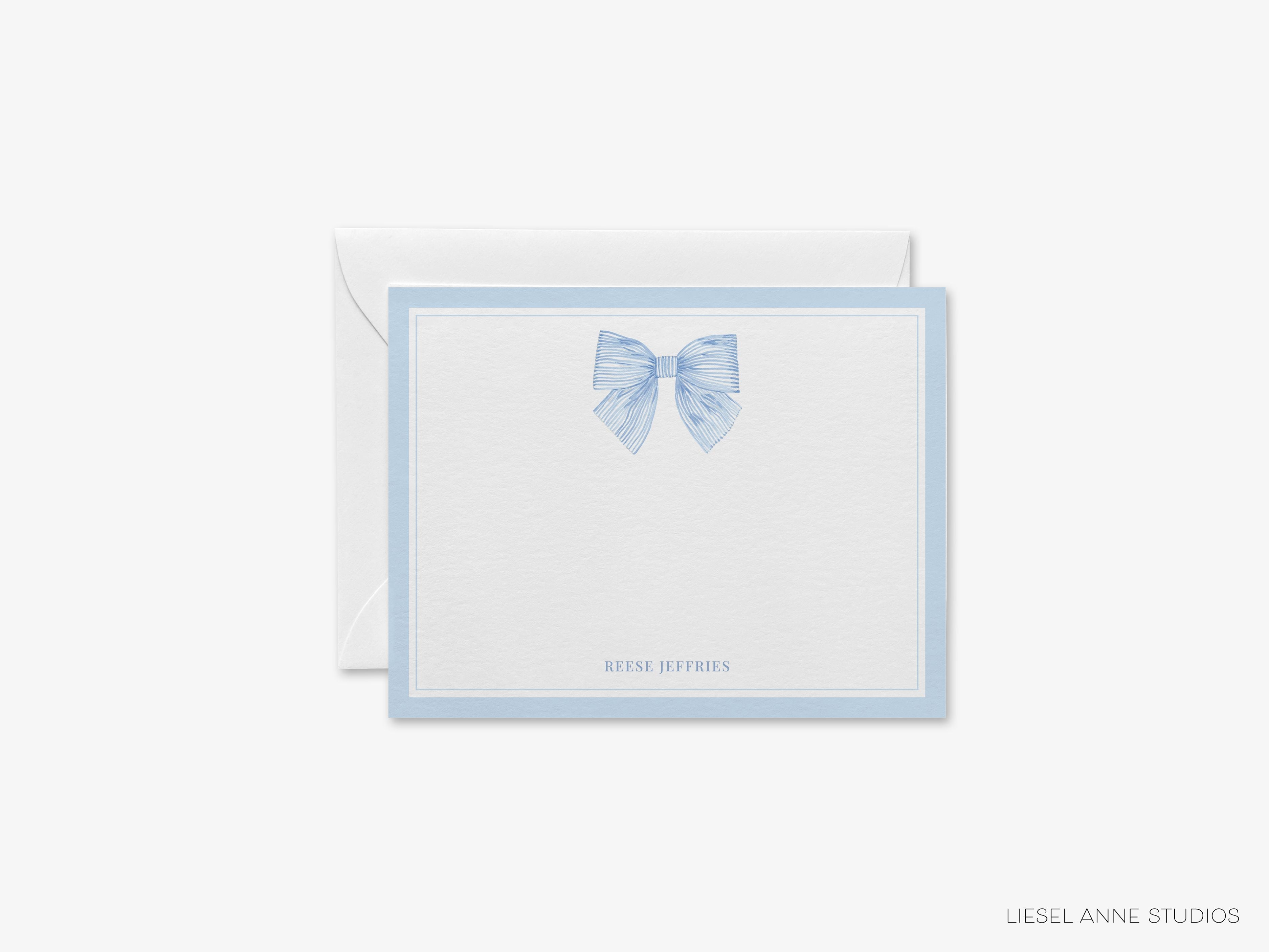 Blue Striped Bow Flat Notes-These personalized flat notecards are 4.25x5.5 and feature our hand-painted watercolor blue bow, printed in the USA on 120lb textured stock. They come with your choice of envelopes and make great thank you cards and gifts for the bow lover in your life.-The Singing Little Bird