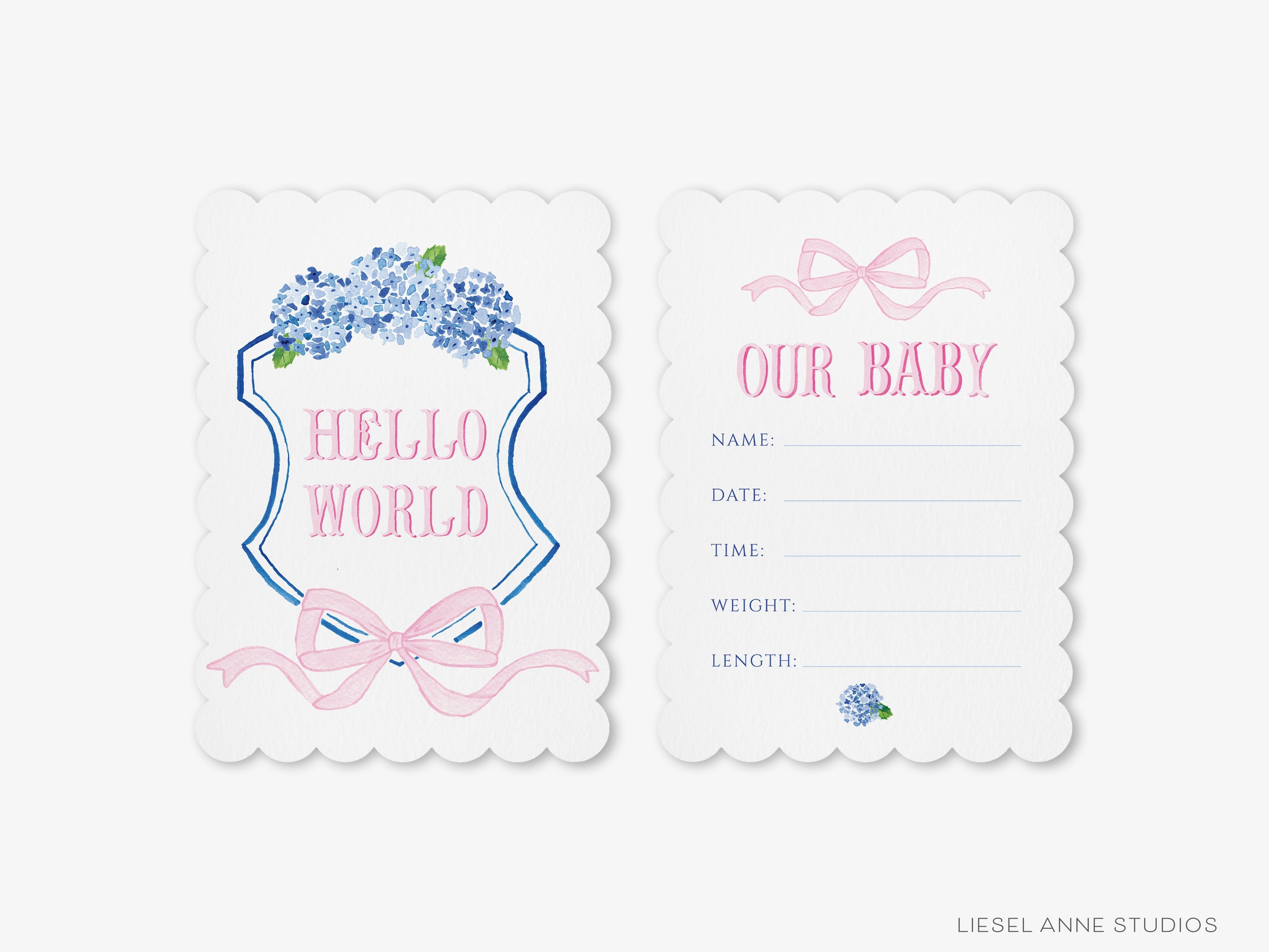 Blue and Pink Crest Scalloped Monthly Milestone Cards-These scalloped flat notecards are 5x7 and feature our hand-painted watercolor Hydrangea crest and pink bow and monthly milestone tracker, printed in the USA on 120lb textured stock. They make the perfect way to remember your baby's first year of milestones!-The Singing Little Bird