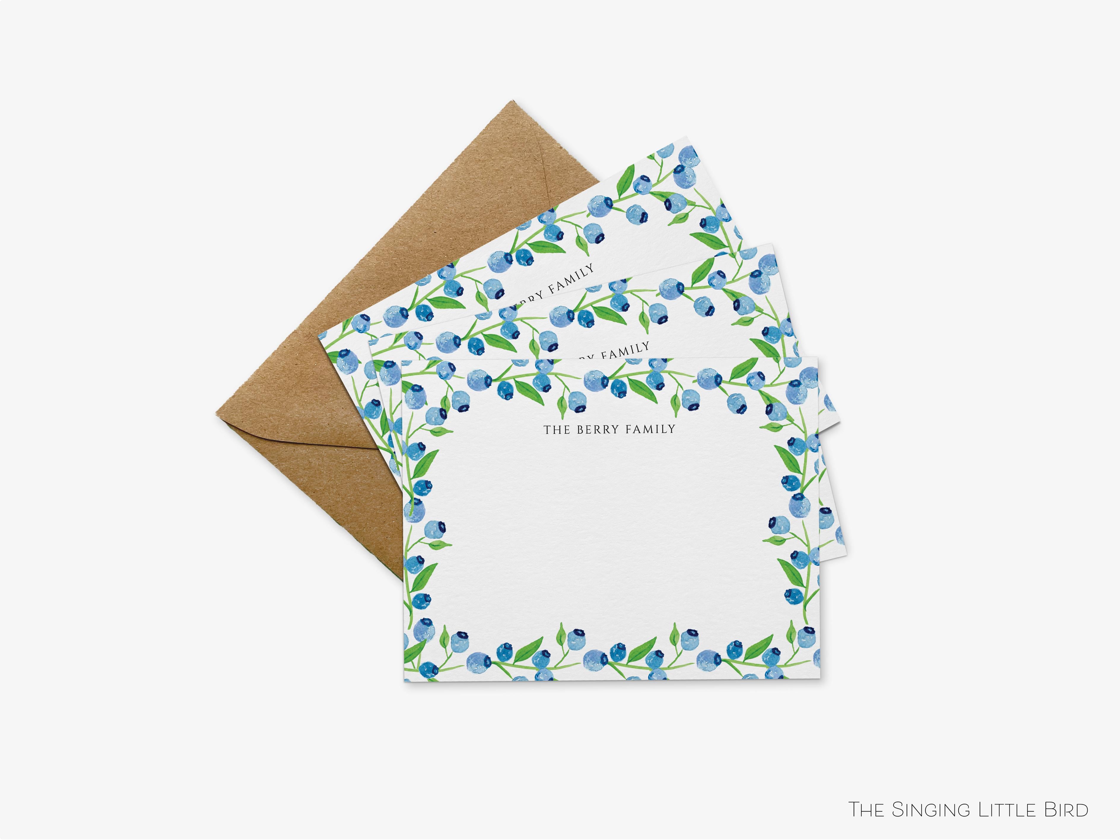 Blueberry Flat Notes-These personalized flat notecards are 4.25x5.5 and feature our hand-painted watercolor blueberries, printed in the USA on 120lb textured stock. They come with your choice of envelopes and make great thank yous and gifts for the berry lover in your life.-The Singing Little Bird
