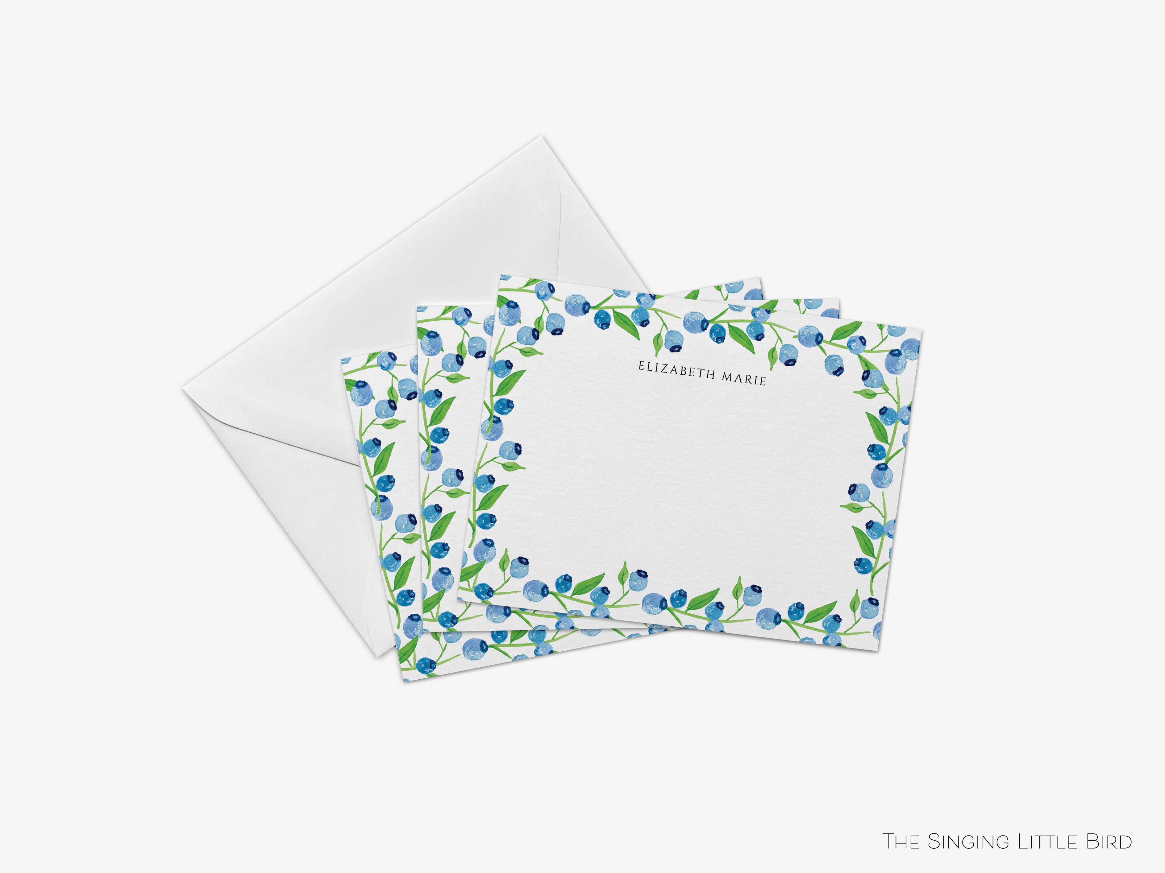 Blueberry Flat Notes-These personalized flat notecards are 4.25x5.5 and feature our hand-painted watercolor blueberries, printed in the USA on 120lb textured stock. They come with your choice of envelopes and make great thank yous and gifts for the berry lover in your life.-The Singing Little Bird