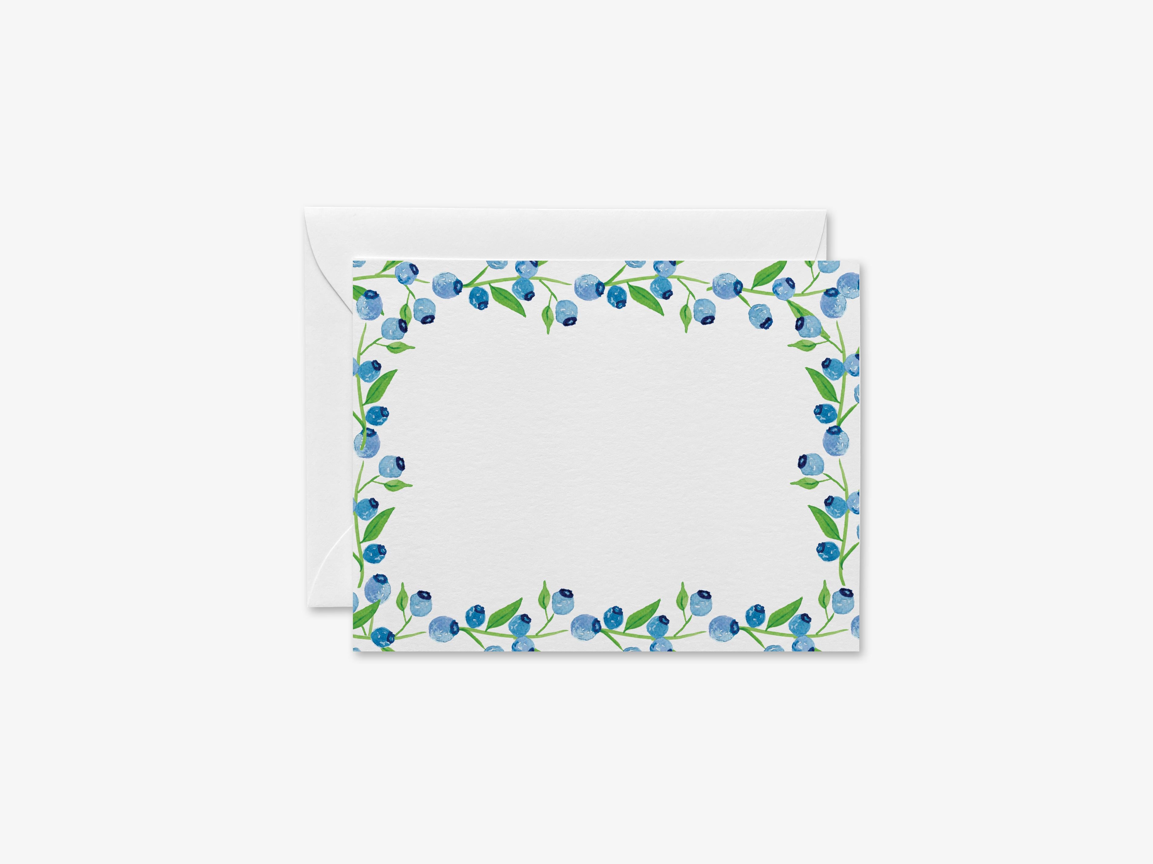 Blueberry Flat Notes-These personalized flat notecards are 4.25x5.5 and feature our hand-painted watercolor blueberries, printed in the USA on 120lb textured stock. They come with your choice of envelopes and make great thank yous and gifts for the berry lover in your life.-The Singing Little Bird