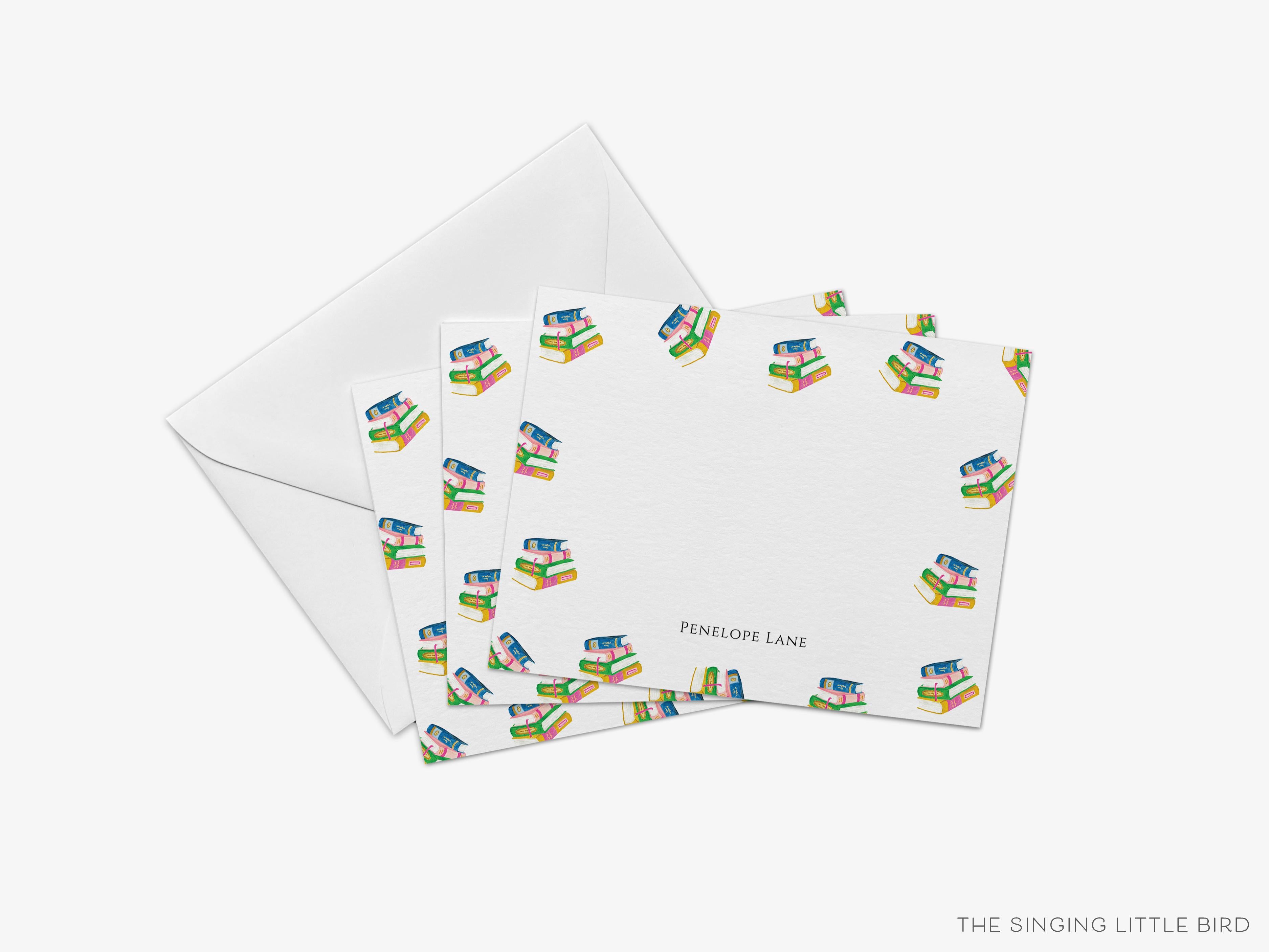 Book Lovers Flat Notes-These personalized flat notecards are 4.25x5.5 and feature our hand-painted watercolor books, printed in the USA on 120lb textured stock. They come with your choice of envelopes and make great thank yous and gifts for the book lover in your life.-The Singing Little Bird
