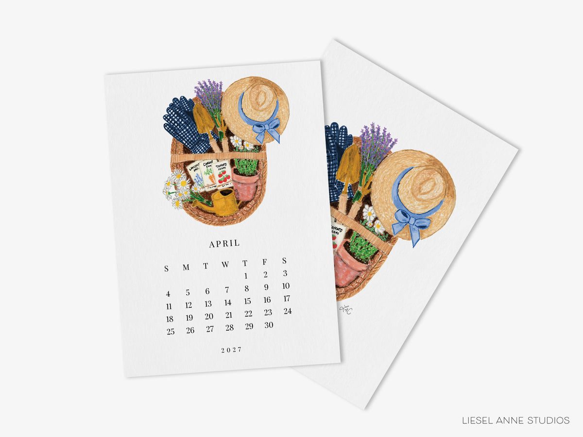 April gardening page of the Happy Hobbies 2027 desk calendar with its art print back, a gift for gardeners