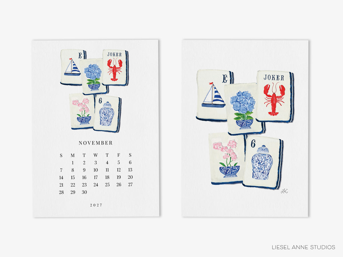 November mahjong page of the Happy Hobbies 2027 desk calendar beside its art print back, a gift for mahjong lovers