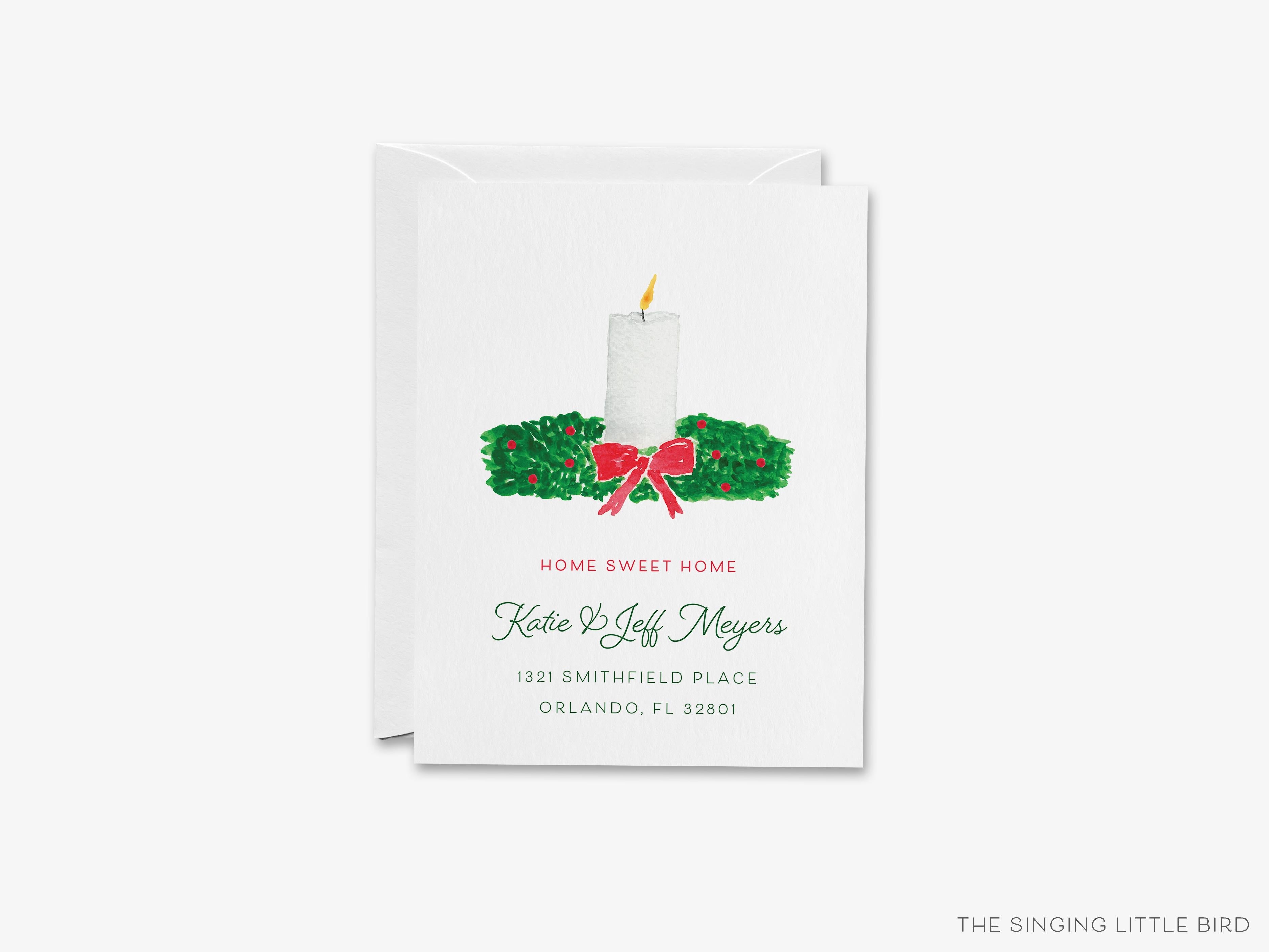 Candle Wreath Christmas Moving Announcement-These personalized flat change of address cards are 4.25x5.5 and feature our hand-painted watercolor candle and Christmas wreath, printed in the USA on 120lb textured stock. They come with your choice of envelopes and make great moving announcements for the holiday lover.-The Singing Little Bird