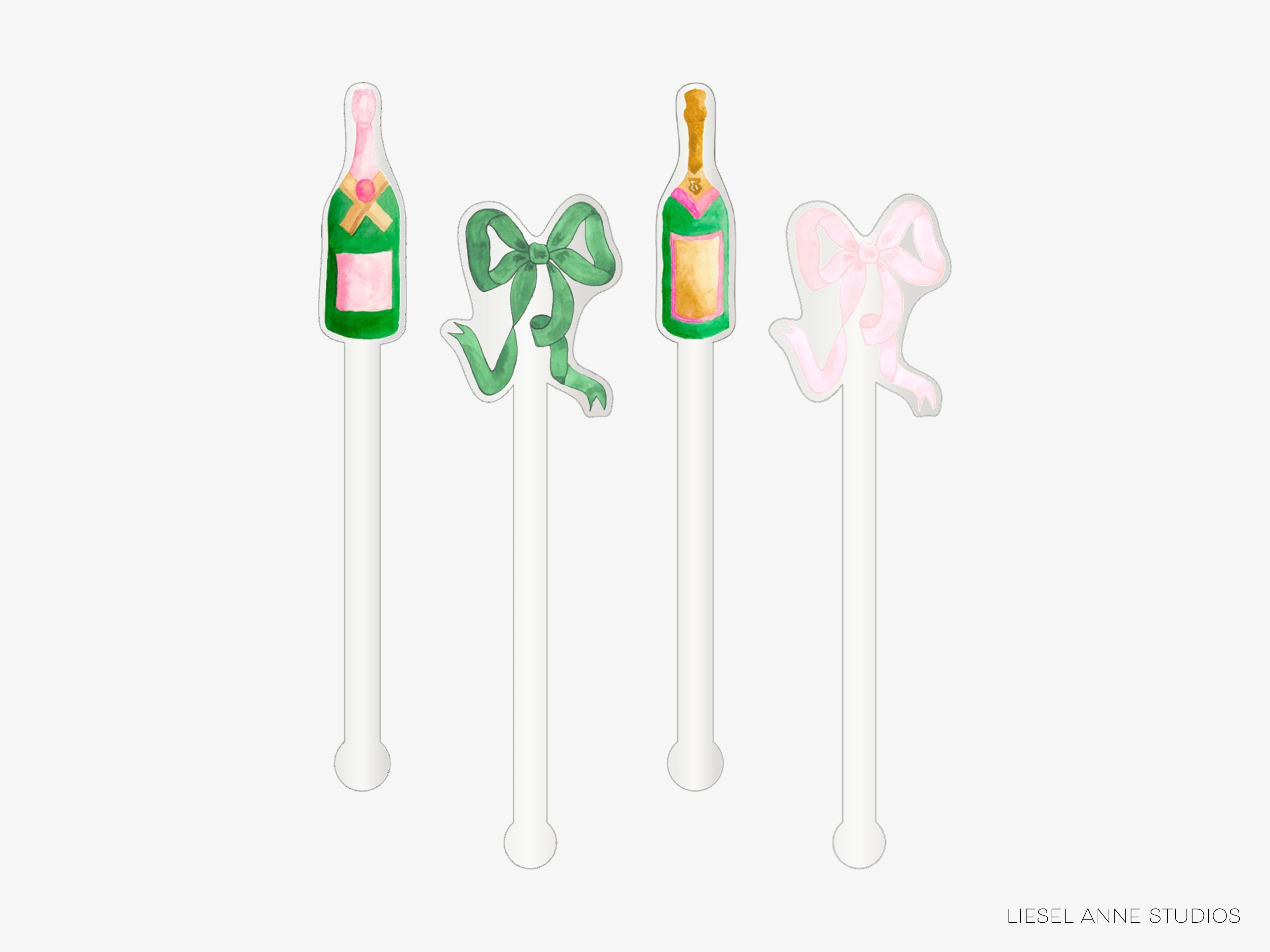Champagne Bottle + Green and Pink Bow Acrylic Drink Stir Sticks-Set of 4 Acrylic Drink Stir Sticks are reusable & make wonderful gifts!
This set includes two different pink & green champagne bottles, 1 green bow and 1 pink bow
Each one measures approx. 6" tall
They are safe for cold and hot drinks (up to 195 degrees F)
Hand wash only
Made in the USA
Hand packaged with care and ready to gift or use
Green and Pink Bow Champagne Stir Sticks | Cheers Drink Stirrers | Reusable Cocktail Swizzle Sticks | Hol