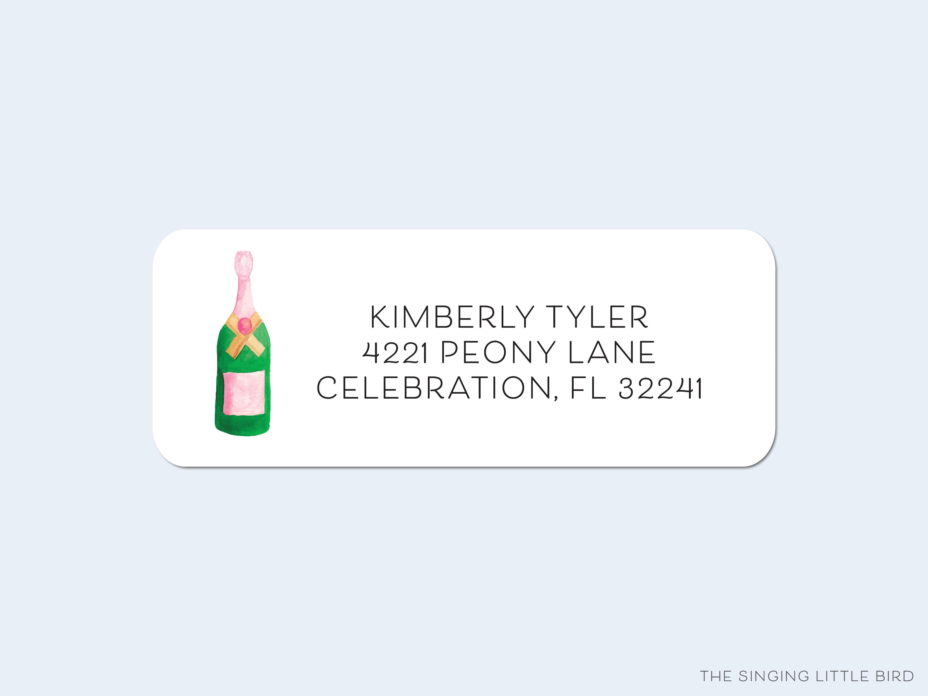 Champagne Bottle Return Address Labels-These personalized return address labels are 2.625" x 1" and feature our hand-painted watercolor Champagne Bottle, printed in the USA on beautiful matte finish labels. These make great gifts for yourself or the bubbly lover.-The Singing Little Bird