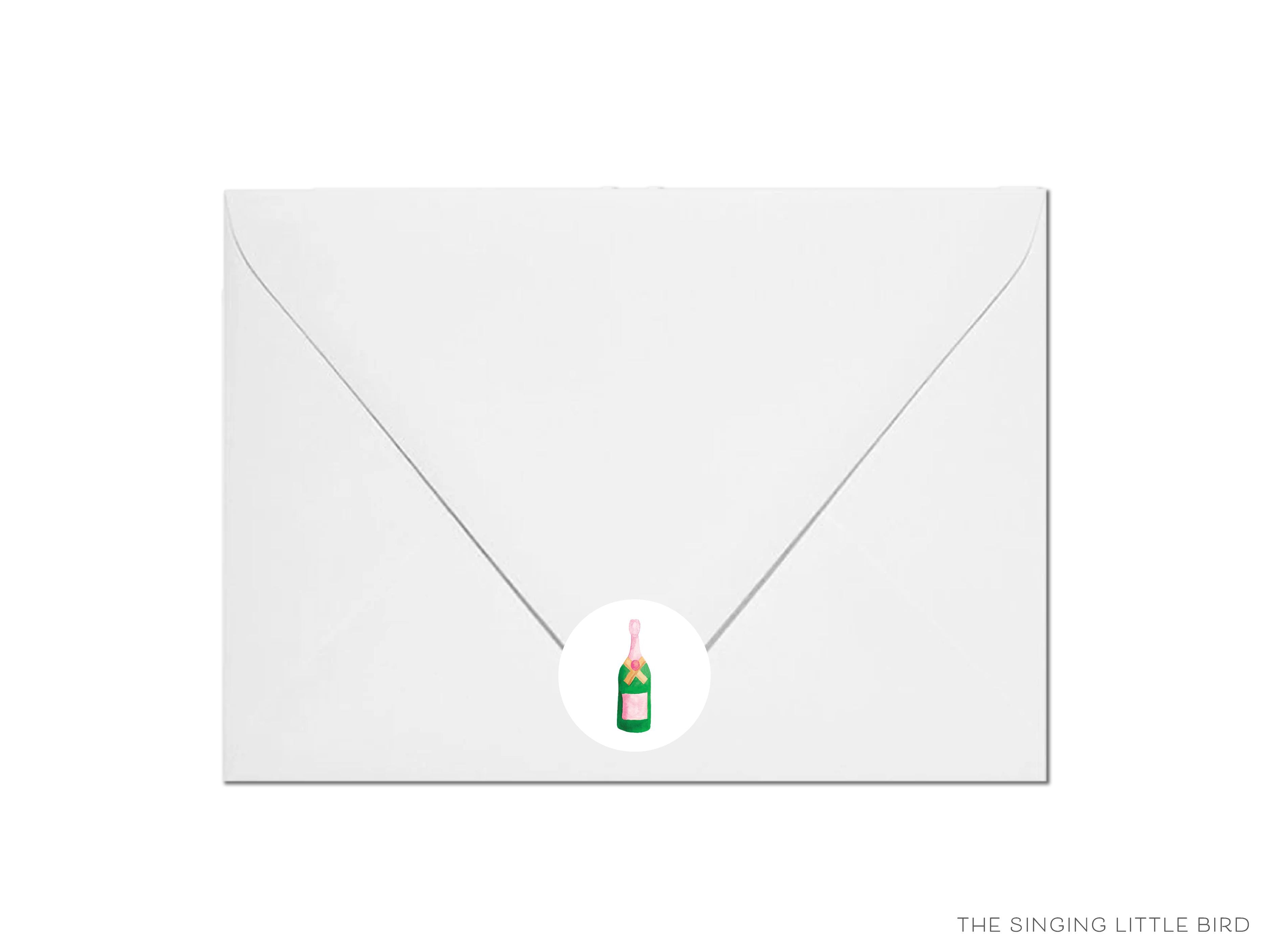 Champagne Bottle Round Stickers-These matte round stickers feature our hand-painted watercolor champagne bottle, making great envelope seals or gifts for the bubbly lover in your life.-The Singing Little Bird