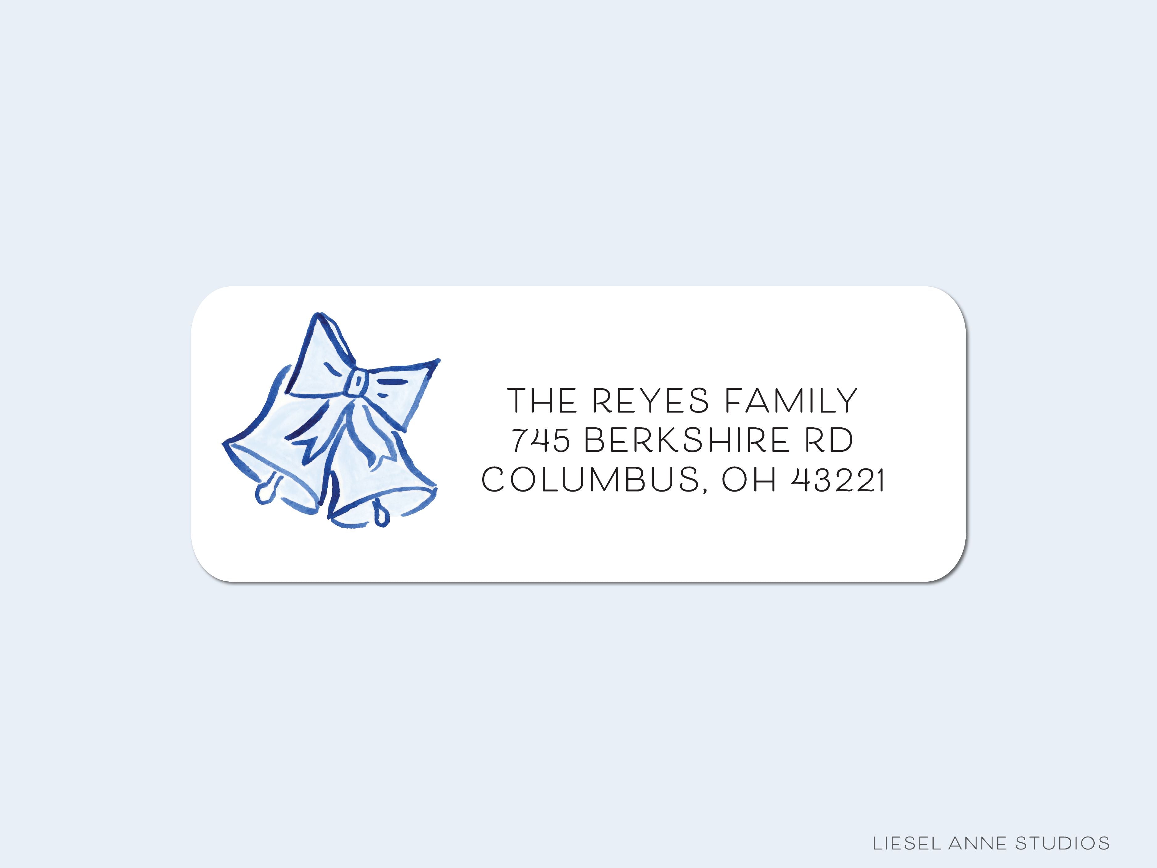 Christmas Bells Return Address Labels-These personalized return address labels are 2.625" x 1" and feature our hand-painted watercolor blue and white Christmas Bells, printed in the USA on beautiful matte finish labels. These make great gifts for yourself or the Christmas lover.-The Singing Little Bird