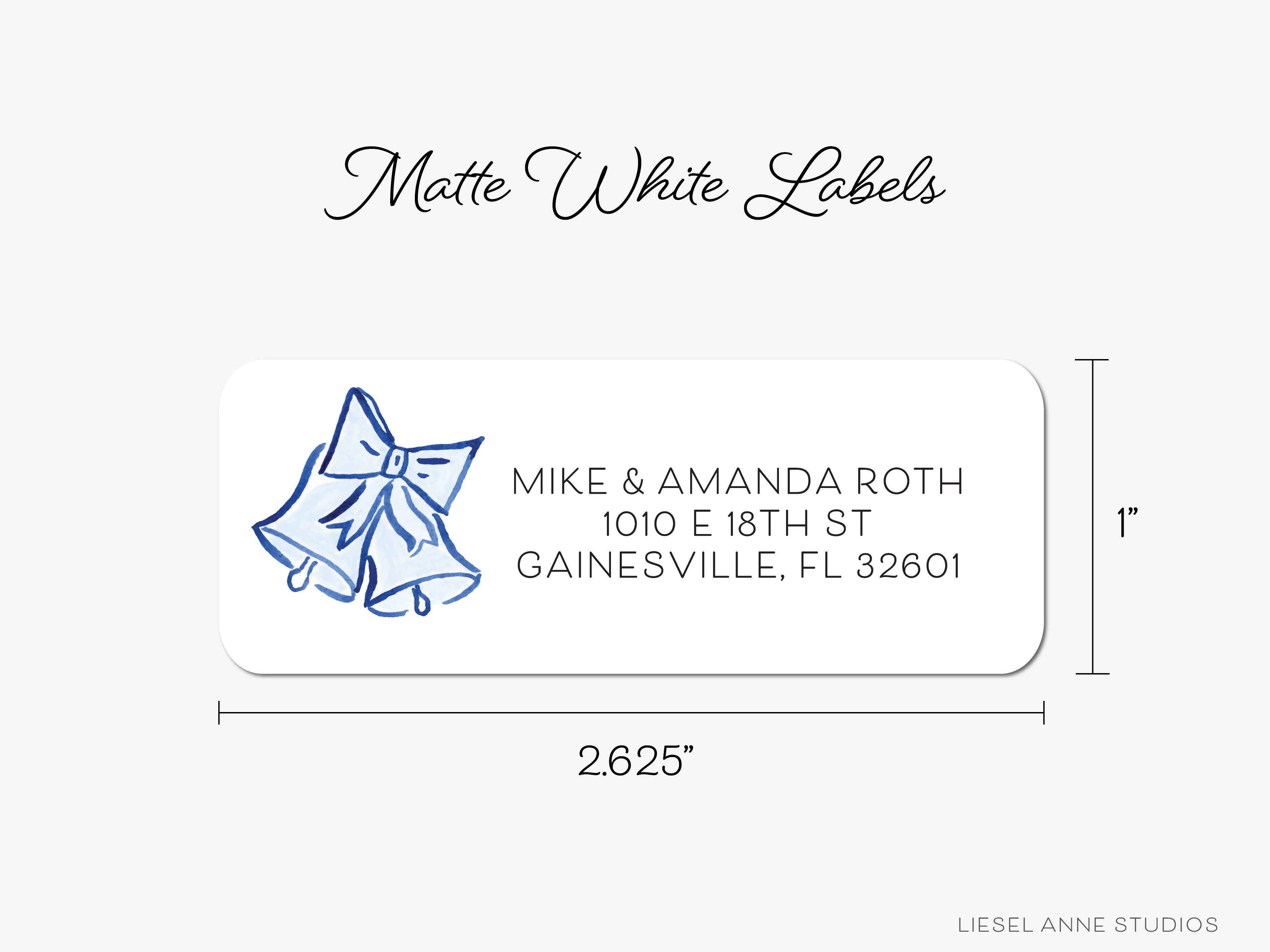 Christmas Bells Return Address Labels-These personalized return address labels are 2.625" x 1" and feature our hand-painted watercolor blue and white Christmas Bells, printed in the USA on beautiful matte finish labels. These make great gifts for yourself or the Christmas lover.-The Singing Little Bird