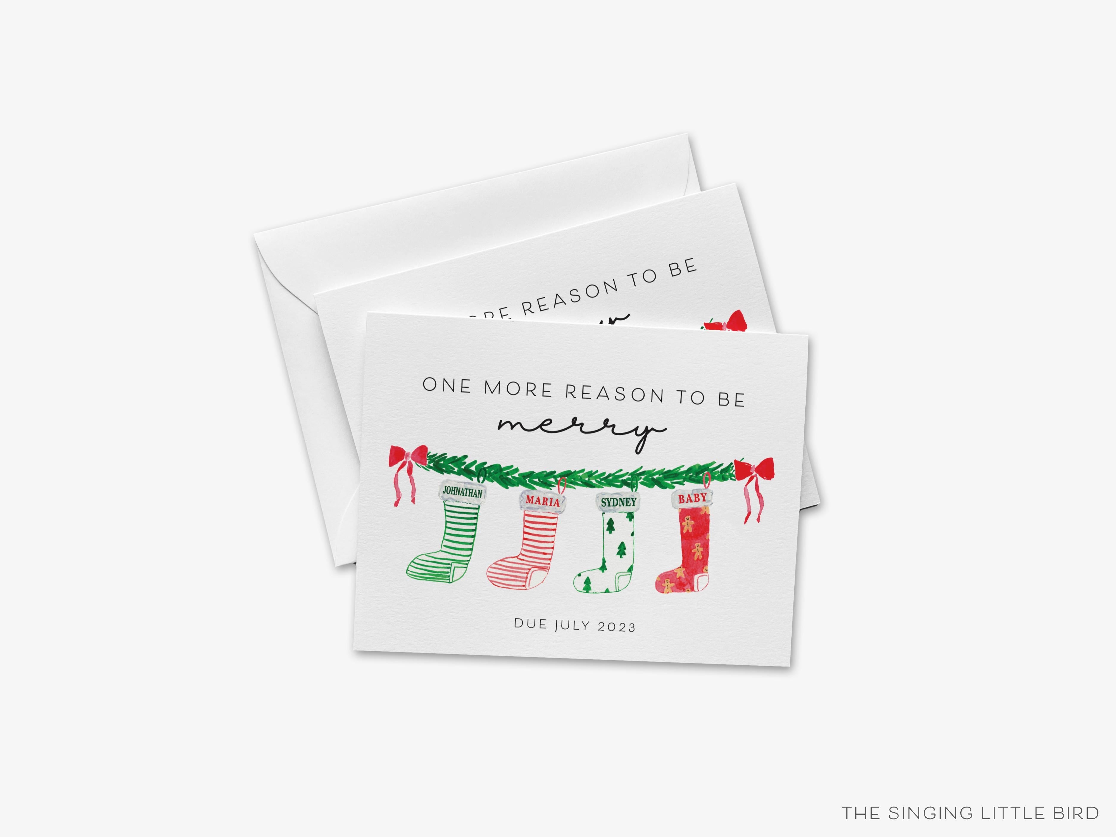 Christmas Pregnancy Announcement Cards-These folded greeting cards are 4.25x5.5 and feature our hand-painted Christmas stockings, printed in the USA on 100lb textured stock. They come with a White or Kraft envelope and make a great pregnancy announcement card for the loved ones in your life.-The Singing Little Bird
