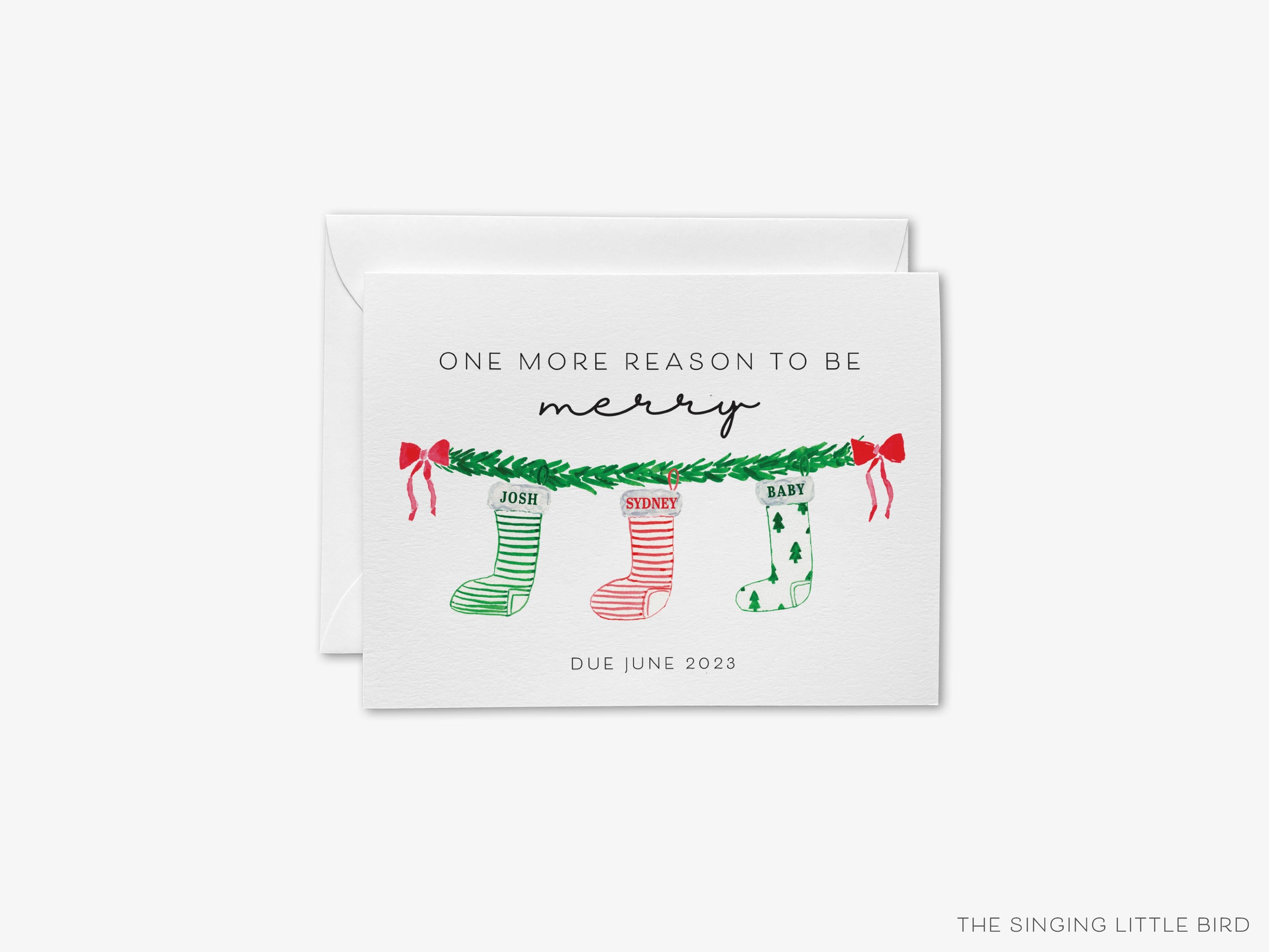 Christmas Pregnancy Announcement Cards-These folded greeting cards are 4.25x5.5 and feature our hand-painted Christmas stockings, printed in the USA on 100lb textured stock. They come with a White or Kraft envelope and make a great pregnancy announcement card for the loved ones in your life.-The Singing Little Bird