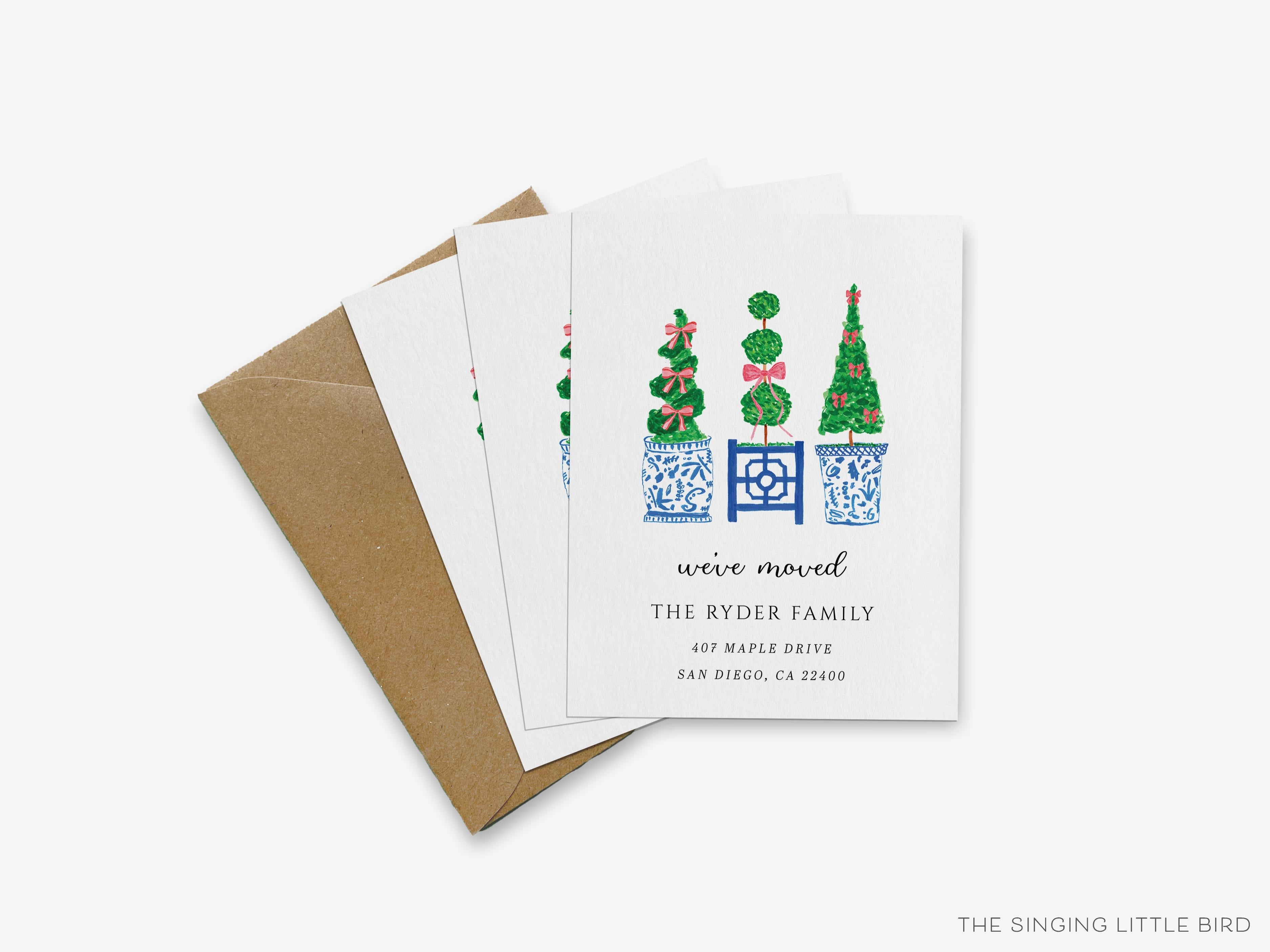 Christmas Topiary Moving Announcement-These personalized flat change of address cards are 4.25x5.5 and feature our hand-painted watercolor topiaries and chinoiserie planters, printed in the USA on 120lb textured stock. They come with your choice of envelopes and make great moving announcements for the Christmas lover.-The Singing Little Bird