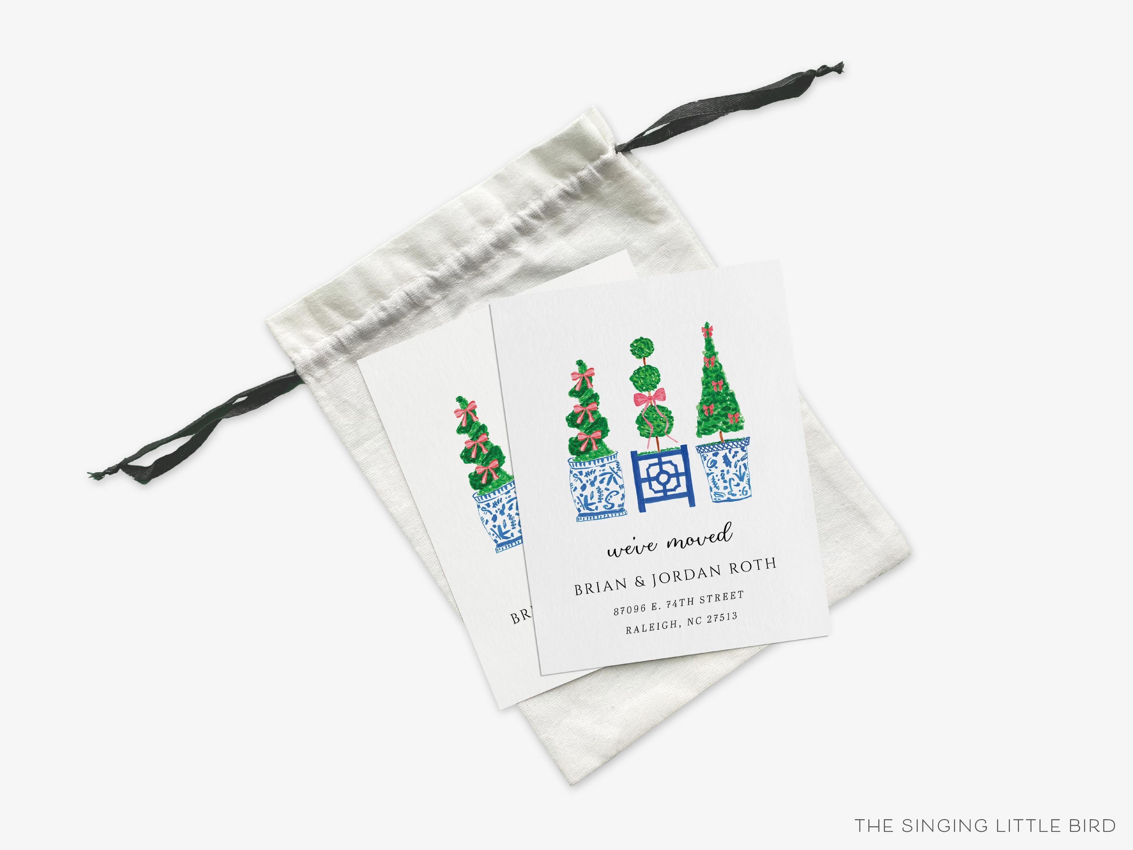 Christmas Topiary Moving Announcement-These personalized flat change of address cards are 4.25x5.5 and feature our hand-painted watercolor topiaries and chinoiserie planters, printed in the USA on 120lb textured stock. They come with your choice of envelopes and make great moving announcements for the Christmas lover.-The Singing Little Bird