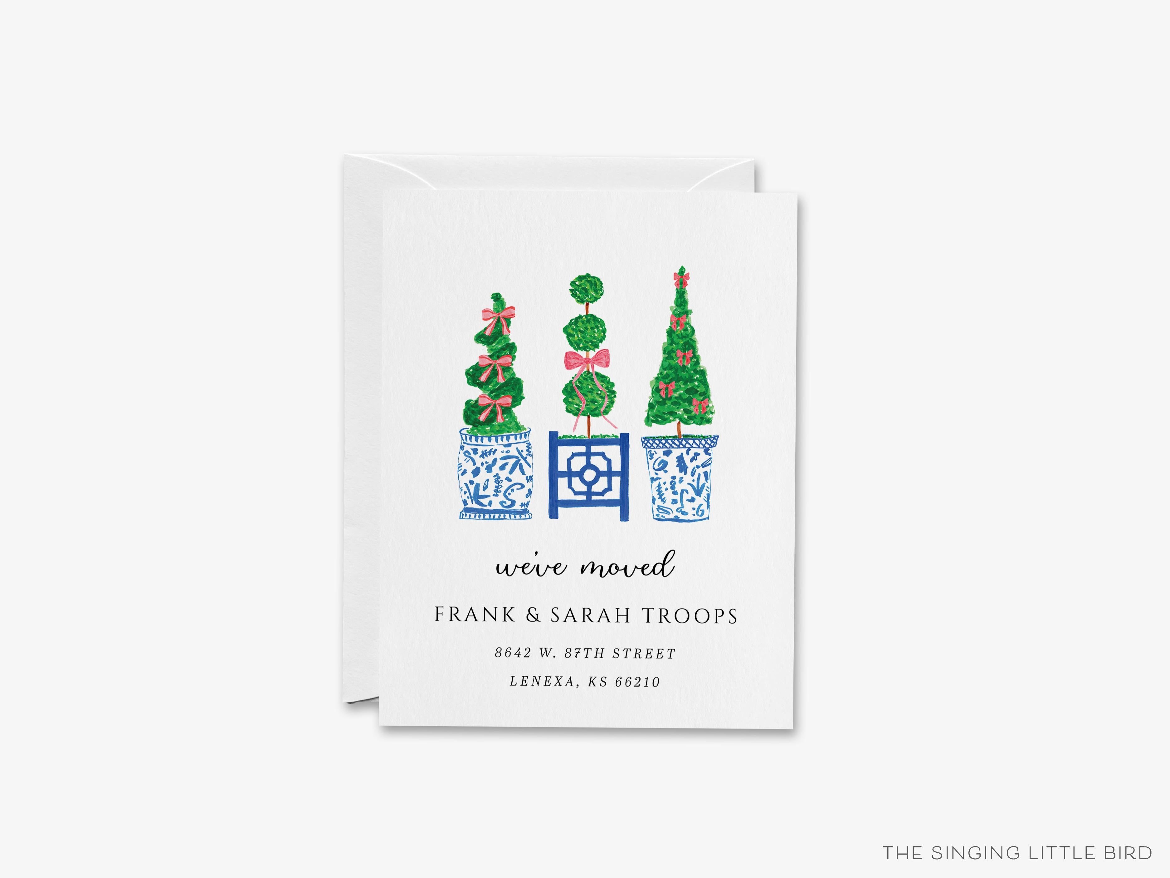 Christmas Topiary Moving Announcement-These personalized flat change of address cards are 4.25x5.5 and feature our hand-painted watercolor topiaries and chinoiserie planters, printed in the USA on 120lb textured stock. They come with your choice of envelopes and make great moving announcements for the Christmas lover.-The Singing Little Bird
