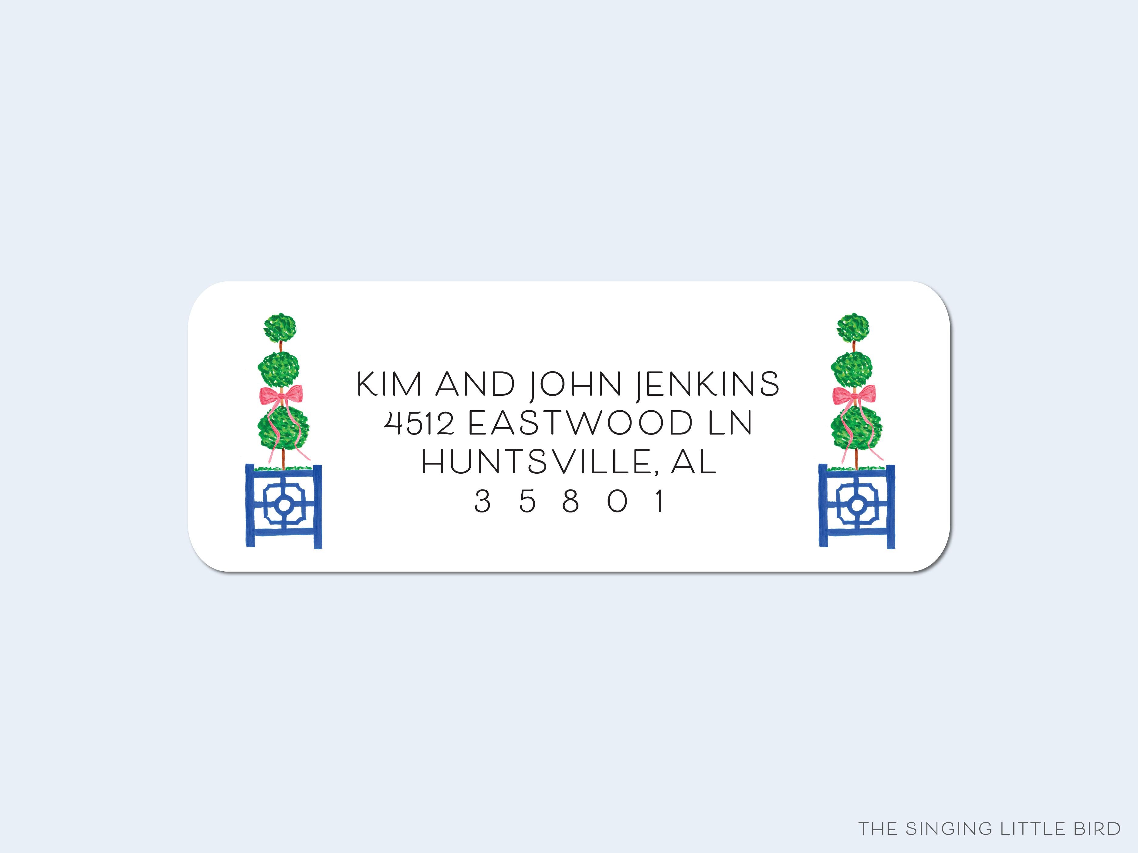 Christmas Topiary Return Address Labels-These personalized return address labels are 2.625" x 1" and feature our hand-painted watercolor Christmas topiaries, printed in the USA on beautiful matte finish labels. These make great gifts for yourself or the Christmas lover.-The Singing Little Bird