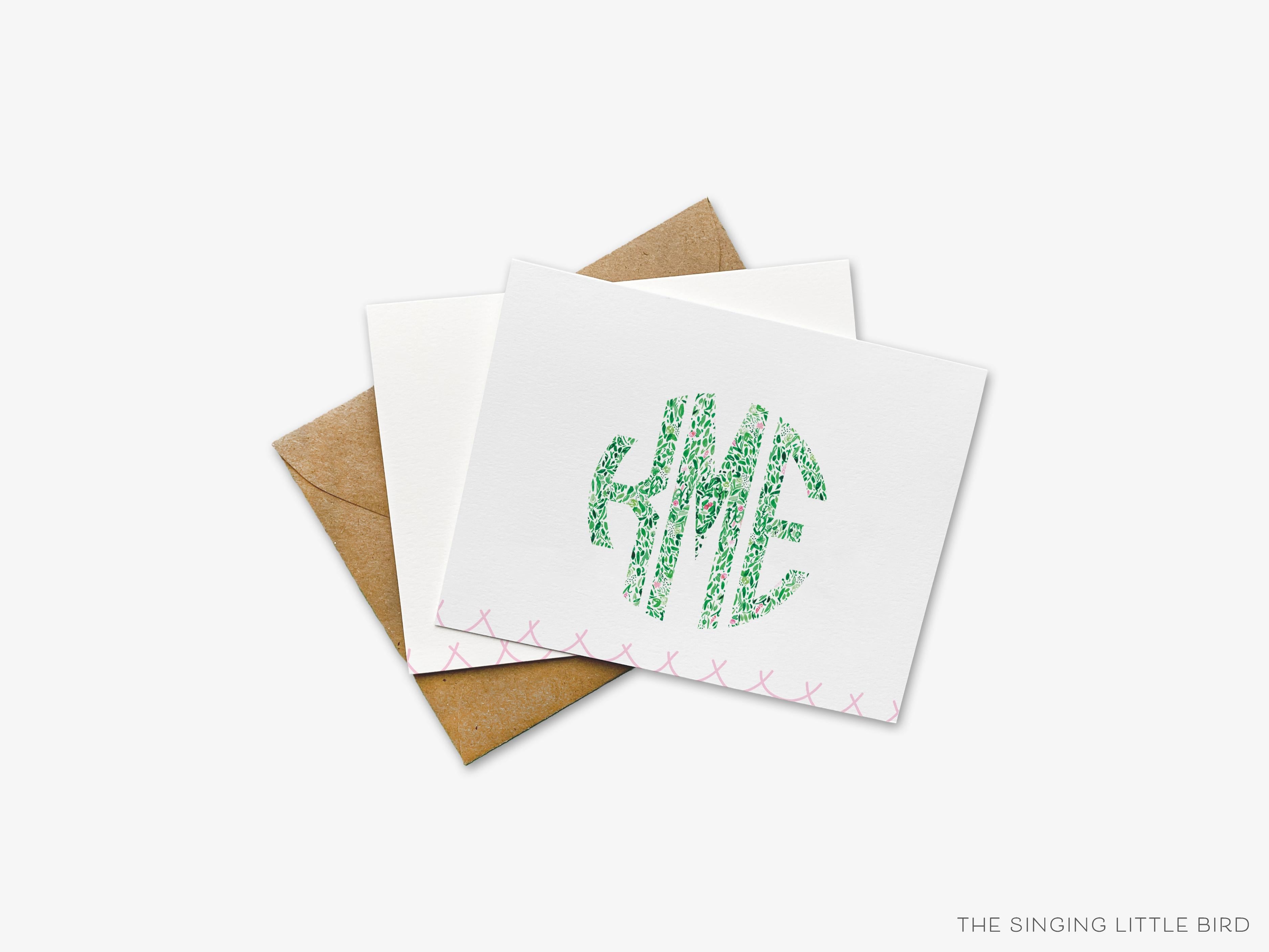 Circle Monogram Green Pattern Greeting Cards-These folded greeting cards are 4.25x5.5 and feature our hand-painted green floral pattern, printed in the USA on 100lb textured stock. They come with a White or Kraft envelope and make a great thank you or just because card personalized with your monogram.-The Singing Little Bird