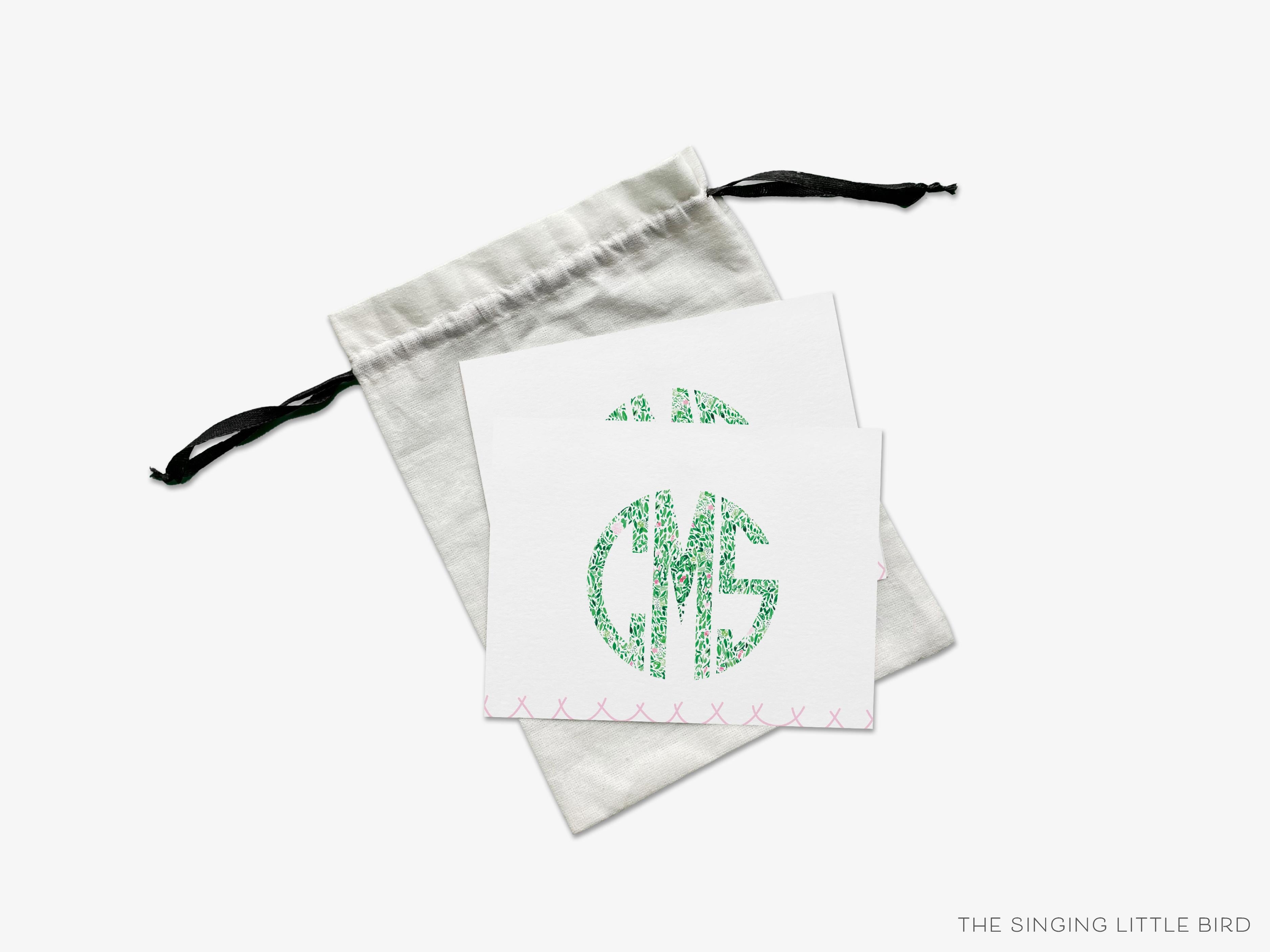 Circle Monogram Green Pattern Greeting Cards-These folded greeting cards are 4.25x5.5 and feature our hand-painted green floral pattern, printed in the USA on 100lb textured stock. They come with a White or Kraft envelope and make a great thank you or just because card personalized with your monogram.-The Singing Little Bird
