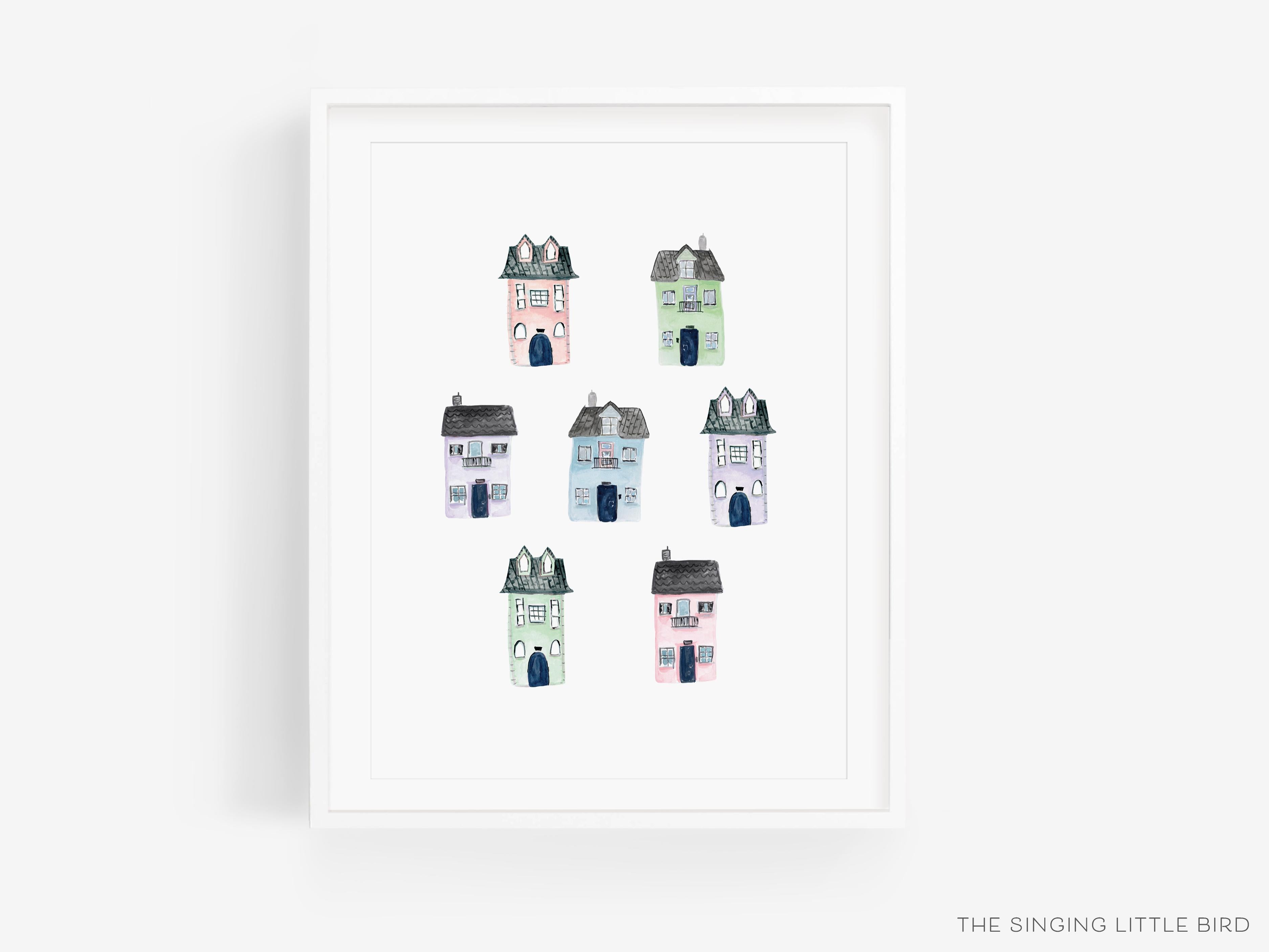 Colorful Houses Art Print-This watercolor art print features our hand-painted houses, printed in the USA on 120lb high quality art paper. This makes a great gift or wall decor for the home lover in your life.-The Singing Little Bird