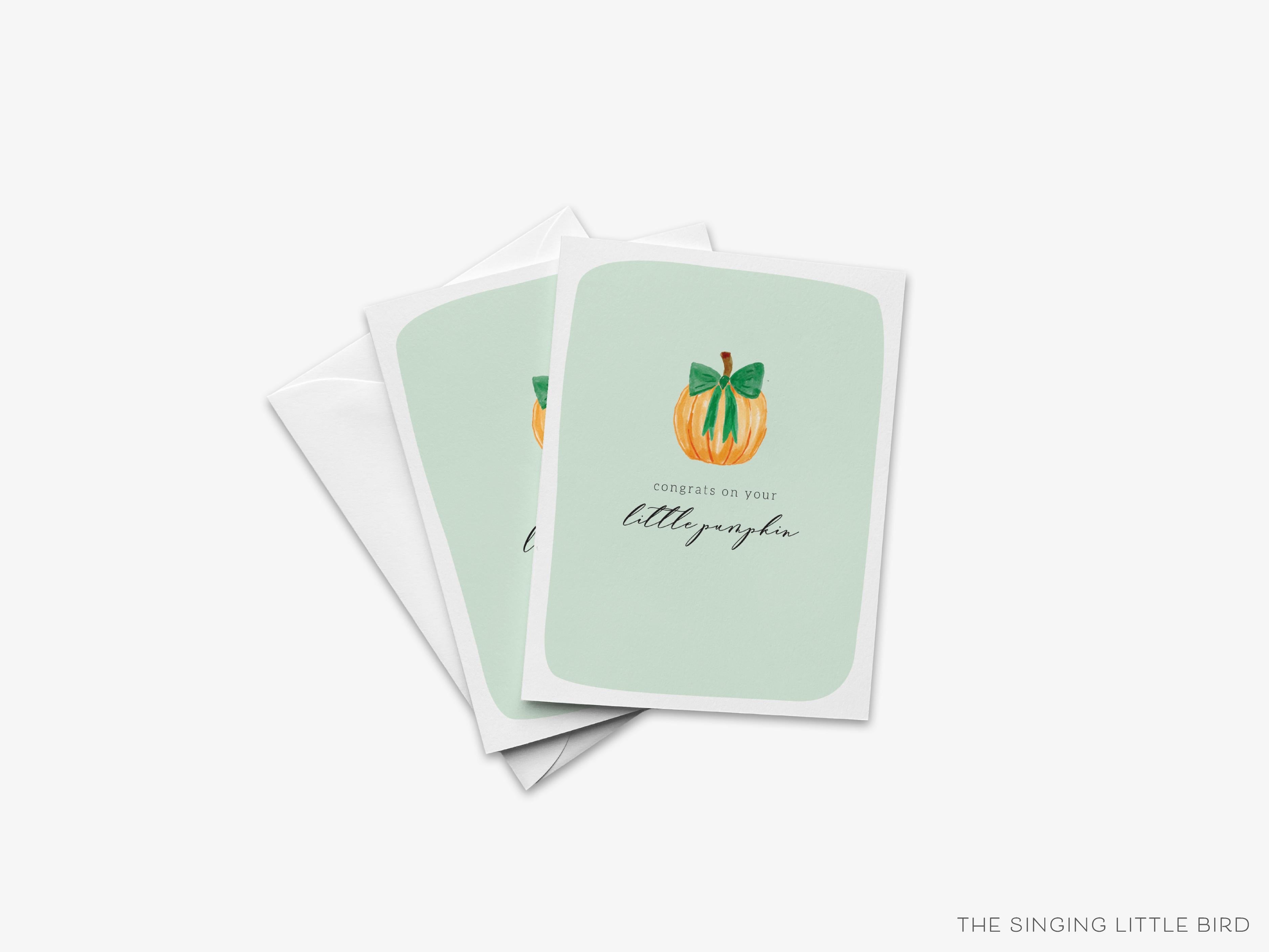 Congrats on Your Little Pumpkin Greeting Card-These folded greeting cards are 4.25x5.5 and feature our hand-painted pumpkin, printed in the USA on 100lb textured stock. They come with a White envelope and make a great congratulations card for the new fall baby in your life.-The Singing Little Bird