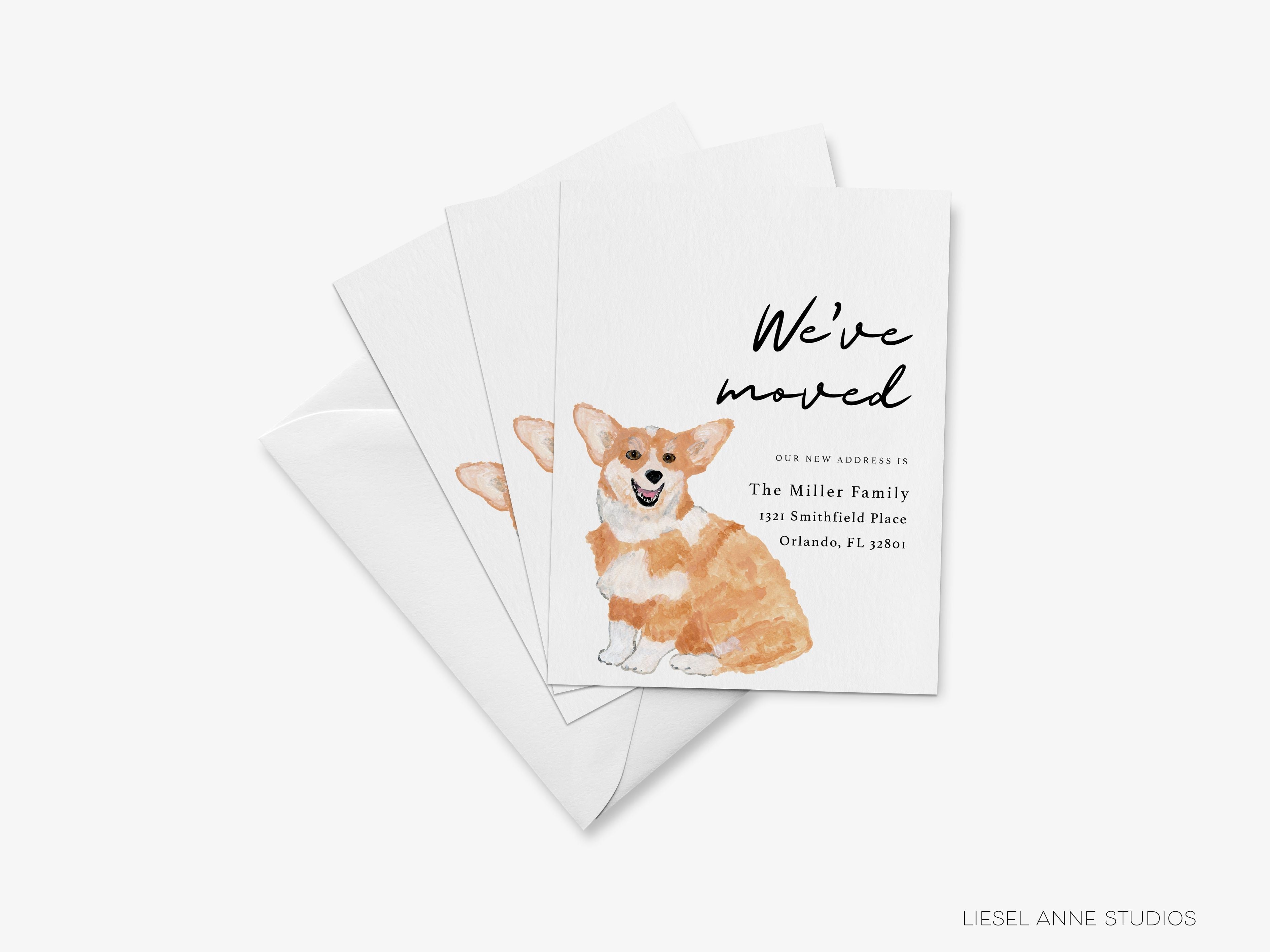 Corgi Moving Announcement-These personalized flat change of address cards are 4.25x5.5 and feature our hand-painted watercolor Corgi, printed in the USA on 120lb textured stock. They come with your choice of envelopes and make great moving announcements for the dog lover.-The Singing Little Bird