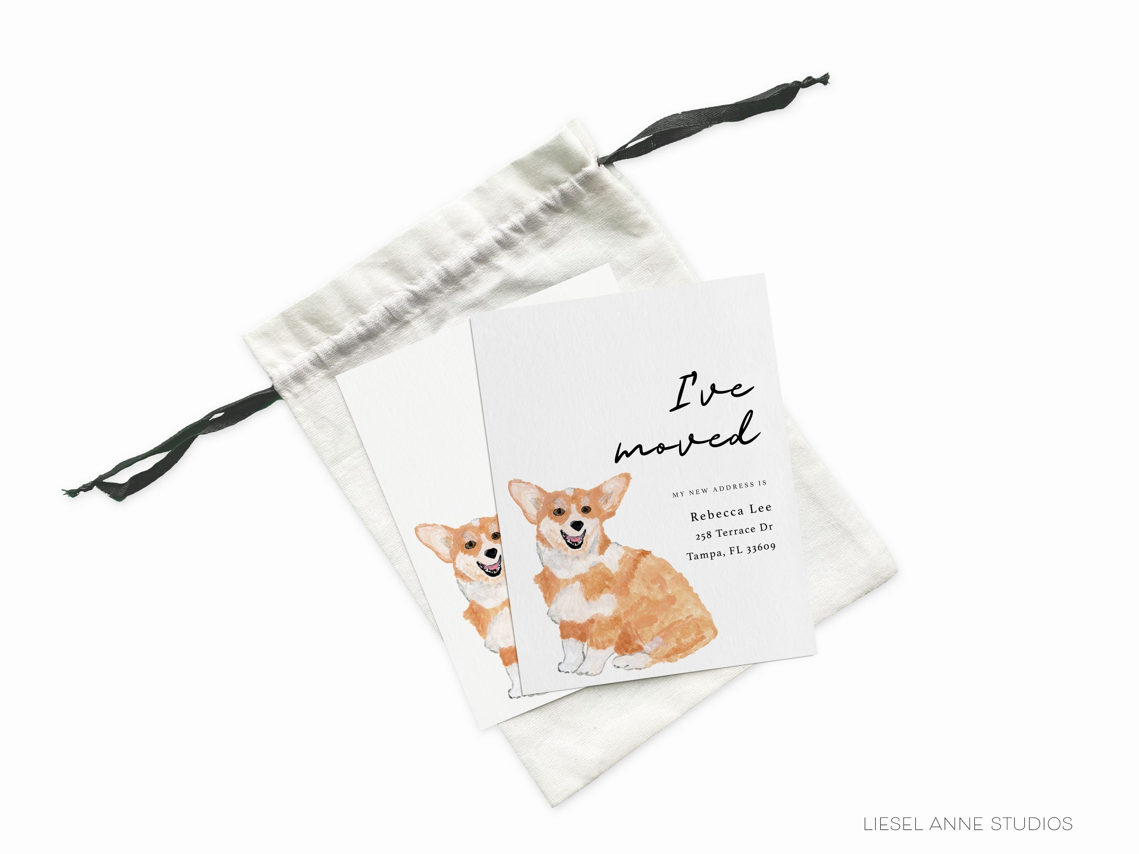 Corgi Moving Announcement-These personalized flat change of address cards are 4.25x5.5 and feature our hand-painted watercolor Corgi, printed in the USA on 120lb textured stock. They come with your choice of envelopes and make great moving announcements for the dog lover.-The Singing Little Bird
