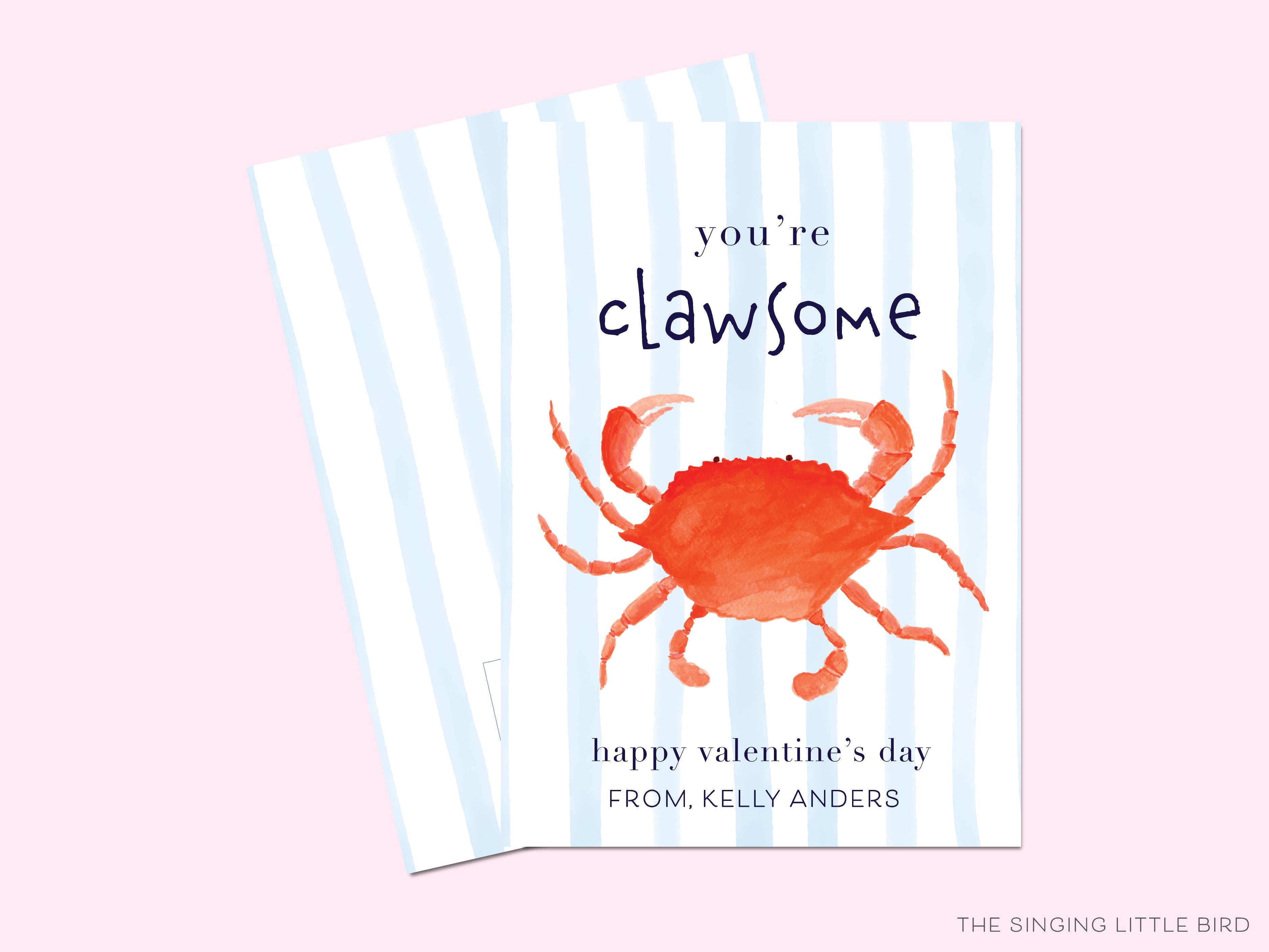Crab Pun Valentine's Day Cards-These personalized flat notecards are 3.5" x 4.875 and feature our hand-painted watercolor crab, printed in the USA on 120lb textured stock. They come with white envelopes and make great Valentine's Day cards for kids and beach lovers in your life.-The Singing Little Bird