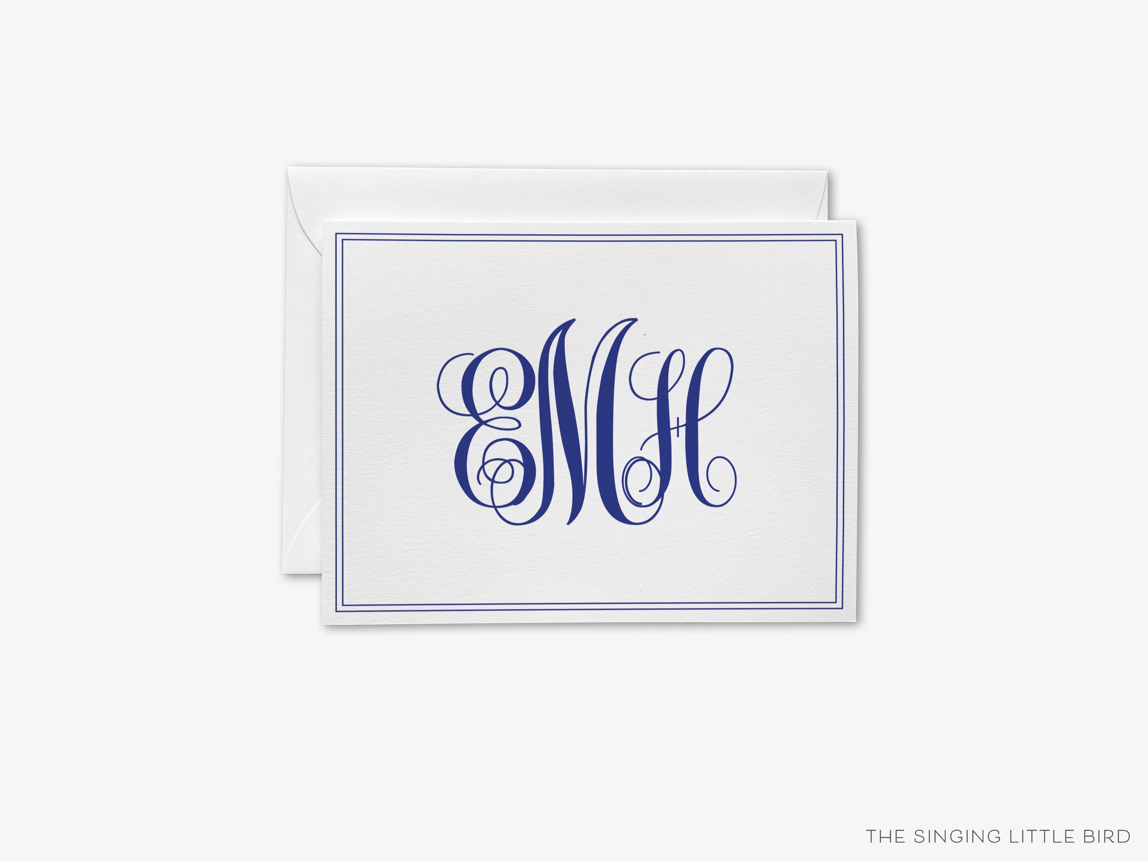 Curly Monogram Greeting Cards-These folded greeting cards are 4.25x5.5 and feature our hand-painted curly print, printed in the USA on 100lb textured stock. They come with a White or Kraft envelope and make a great thank you or just because card personalized with your monogram.-The Singing Little Bird