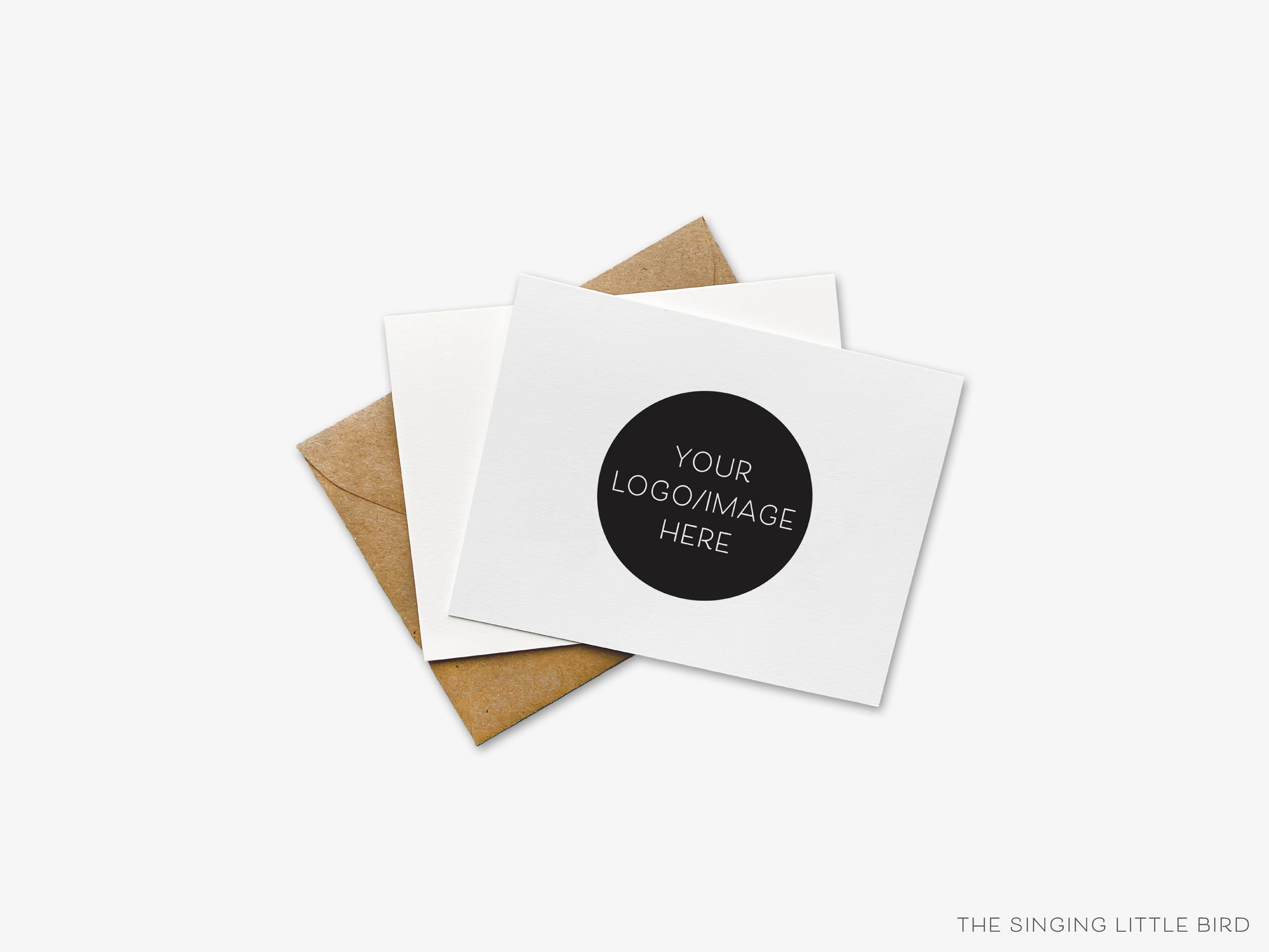 Custom Design/Logo Folded Cards-These folded greeting cards are 4.25x5.5 and feature your custom design or logo, printed in the USA on 100lb textured stock. They come with White or Kraft envelopes.-The Singing Little Bird