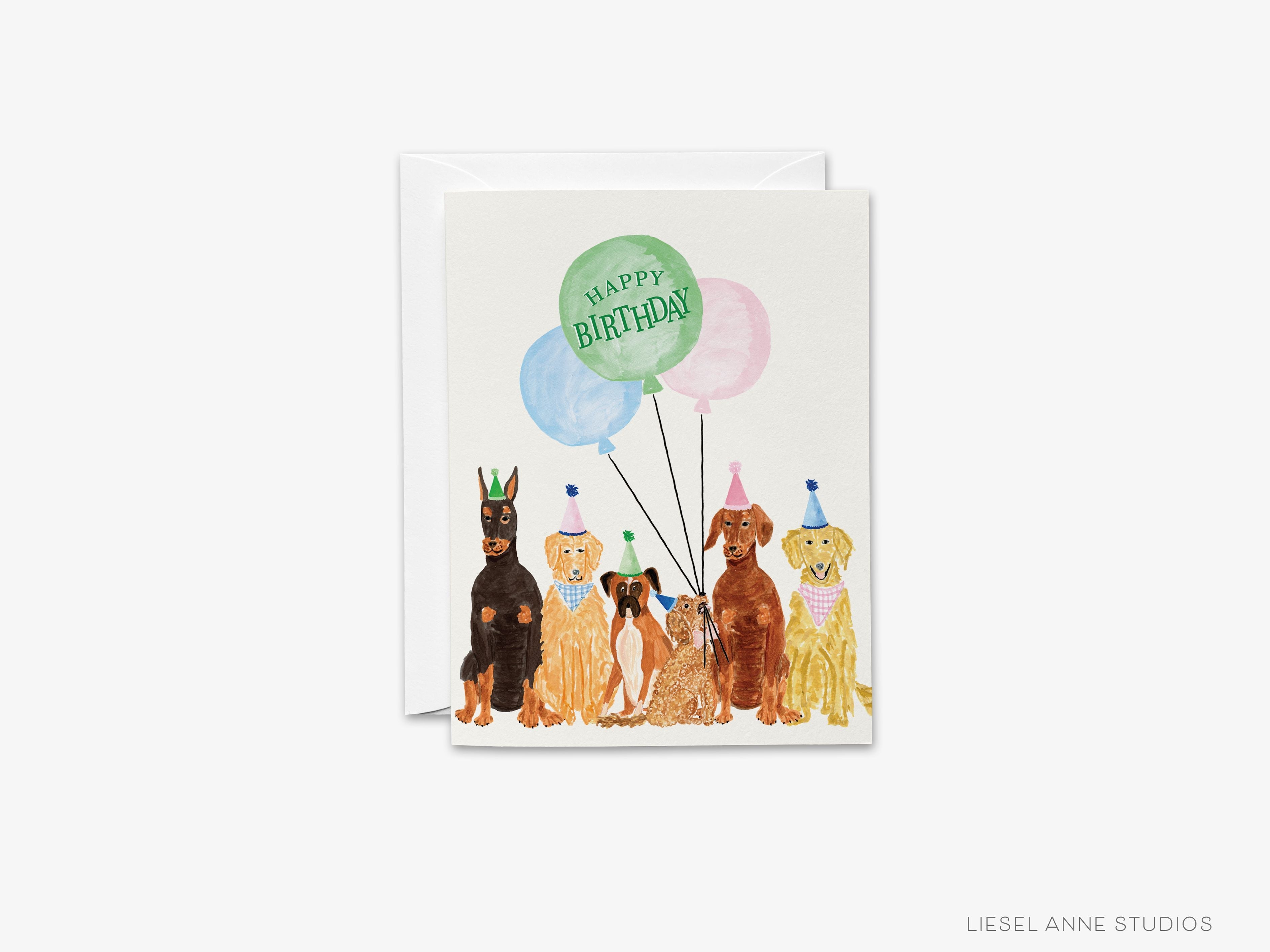 Dog Lovers Birthday Card-These folded cheers cards are 4.25x5.5 and feature our hand-painted watercolor dogs, balloons and party hats, printed in the USA on 100lb textured stock. They come with a white envelope and make a great birthday card for the dog lover in your life.-The Singing Little Bird
