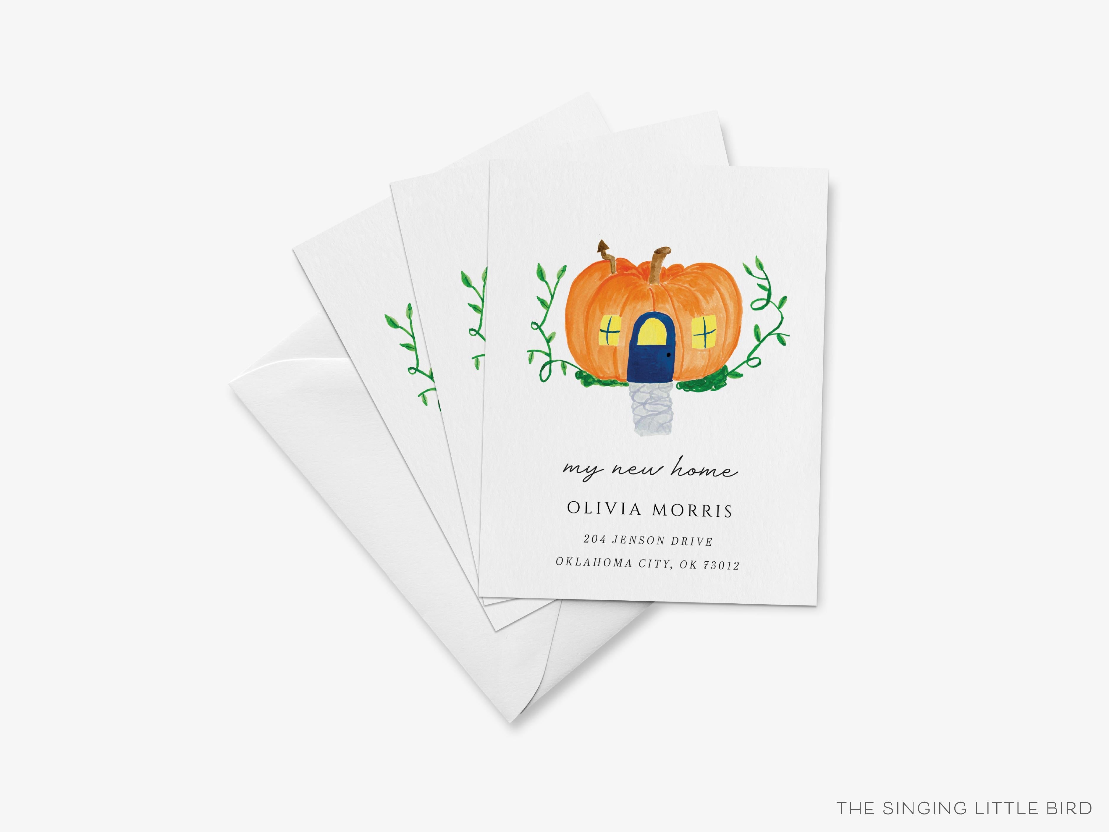 Fall Pumpkin House Moving Announcement-These personalized flat change of address cards are 4.25x5.5 and feature our hand-painted watercolor pumpkin house, printed in the USA on 120lb textured stock. They come with your choice of envelopes and make great moving announcements for the fall lover.-The Singing Little Bird