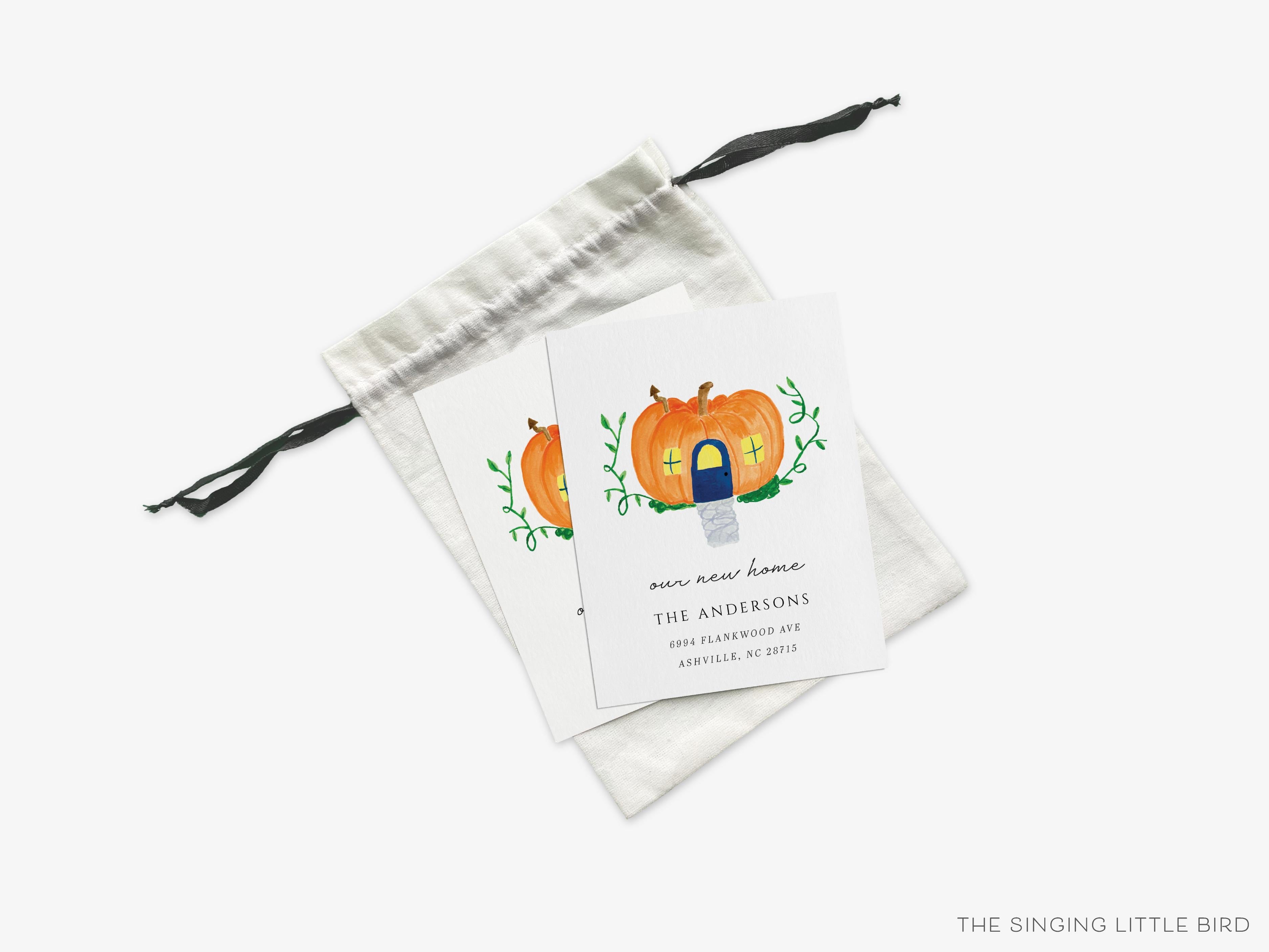 Fall Pumpkin House Moving Announcement-These personalized flat change of address cards are 4.25x5.5 and feature our hand-painted watercolor pumpkin house, printed in the USA on 120lb textured stock. They come with your choice of envelopes and make great moving announcements for the fall lover.-The Singing Little Bird