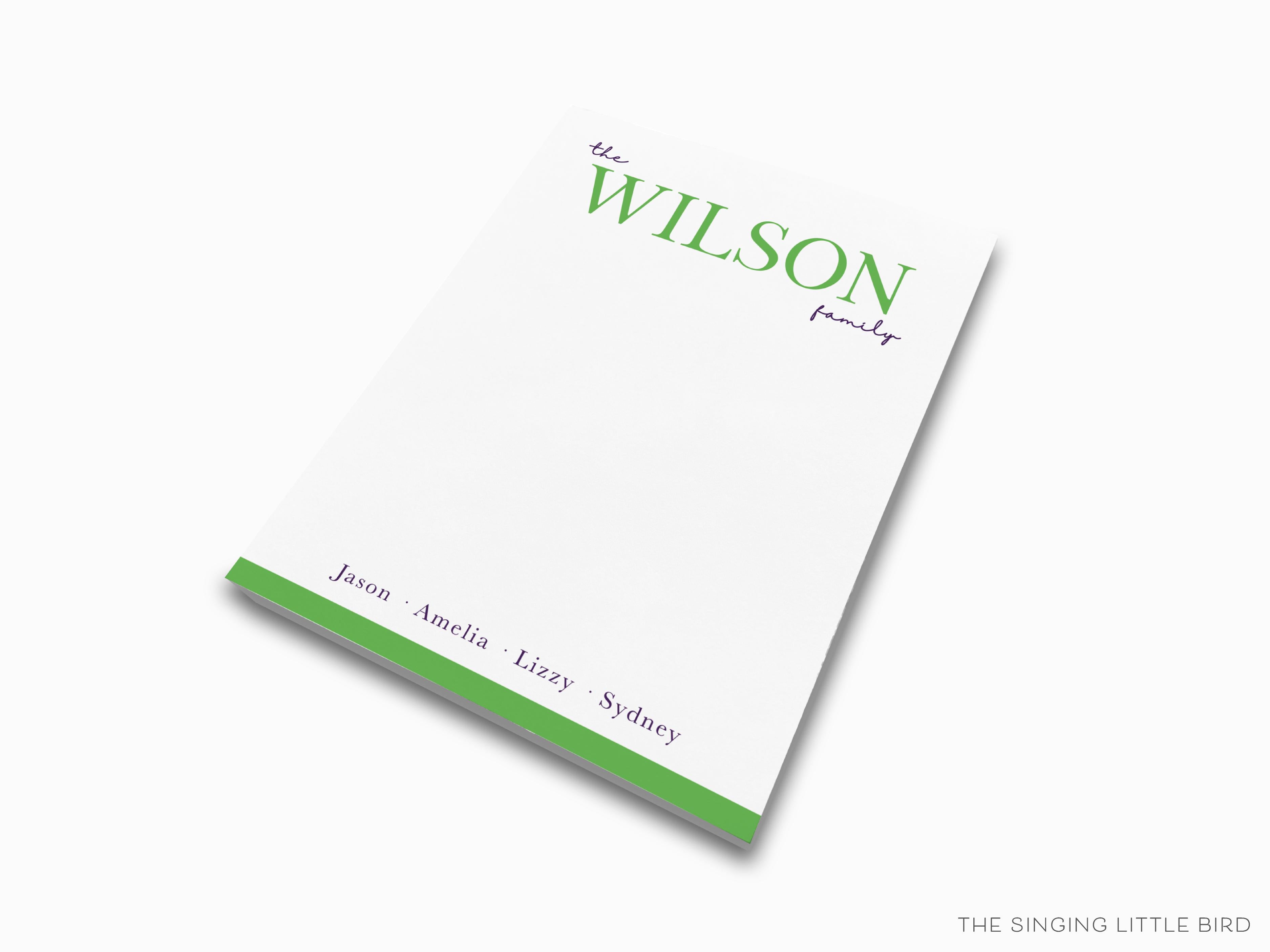 Family Duo Color Notepad-These personalized notepads feature our hand-painted watercolor script names, printed in the USA on a beautiful smooth stock. You choose which size you want (or bundled together for a beautiful gift set) and makes a great gift for the checklist and family lover in your life.-The Singing Little Bird