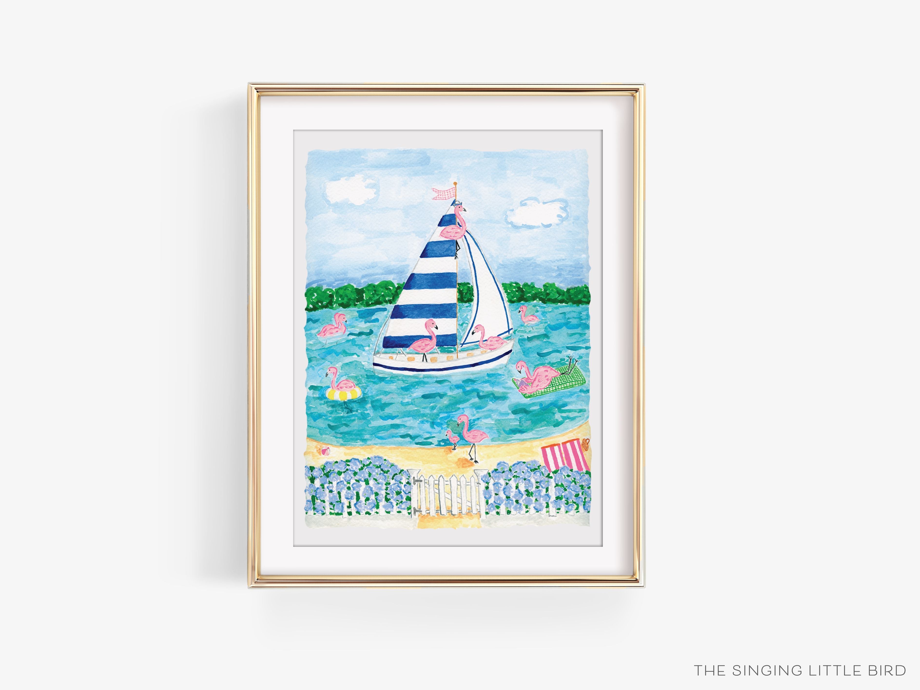 Flamingo Lake Art Print-This watercolor art print features our hand-painted Flamingo Lake Scene, printed in the USA on 120lb high quality art paper. This makes a great gift or wall decor for the shore lover in your life.-The Singing Little Bird