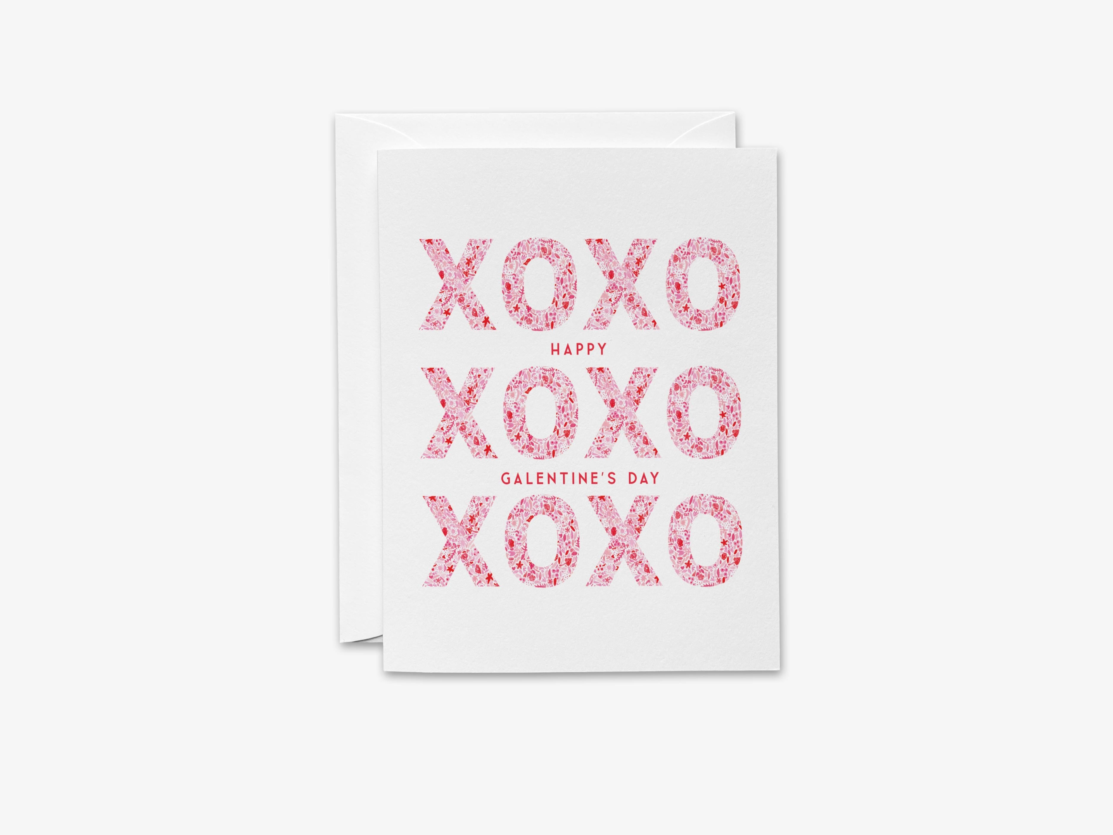Galentine's XOXO Greeting Card-These folded greeting cards are 4.25x5.5 and feature our hand-painted pink and red pattern xoxo, printed in the USA on 100lb textured stock. They come with a White envelope and make a great Galentine's Day card for the gal pal in your life.-The Singing Little Bird
