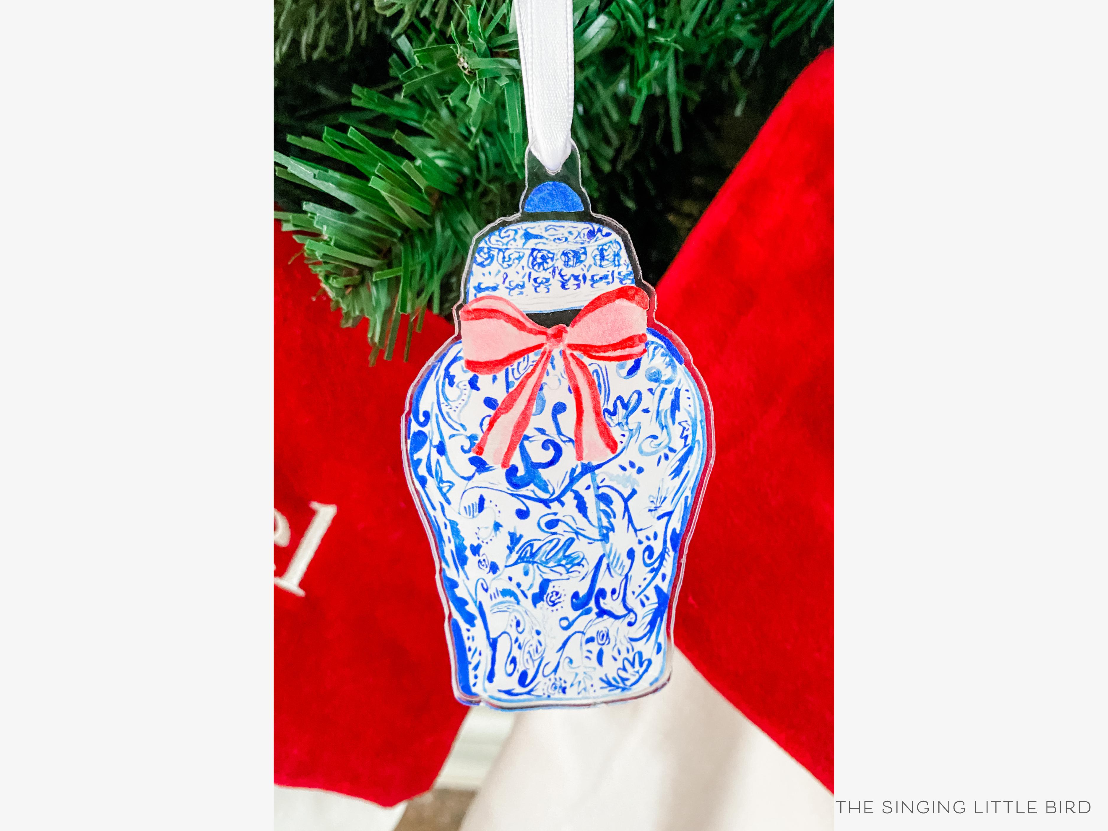 Ginger Jar Acrylic Ornament-These acrylic ornaments feature our hand-painted watercolor ginger jar and red bow. They include a white silk ribbon and measure approximately 4" on its longest side, making a great addition to your Christmas tree or gift for the chinoiserie lover in your life.-The Singing Little Bird
