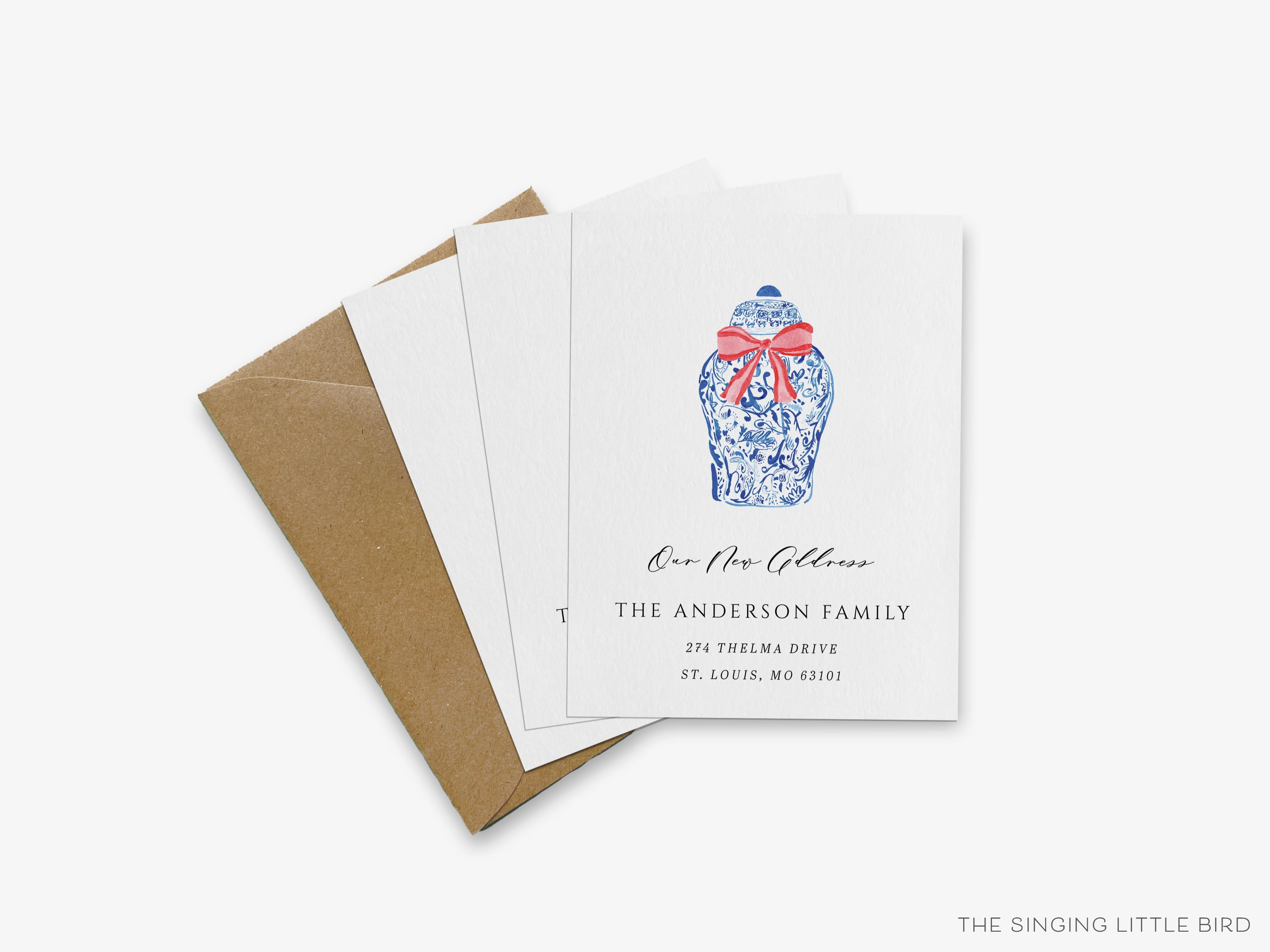 Ginger Jar Christmas Moving Announcement-These personalized flat change of address cards are 4.25x5.5 and feature our hand-painted watercolor Christmas Ginger Jar, printed in the USA on 120lb textured stock. They come with your choice of envelopes and make great moving announcements for the chinoiserie and holiday lover.-The Singing Little Bird