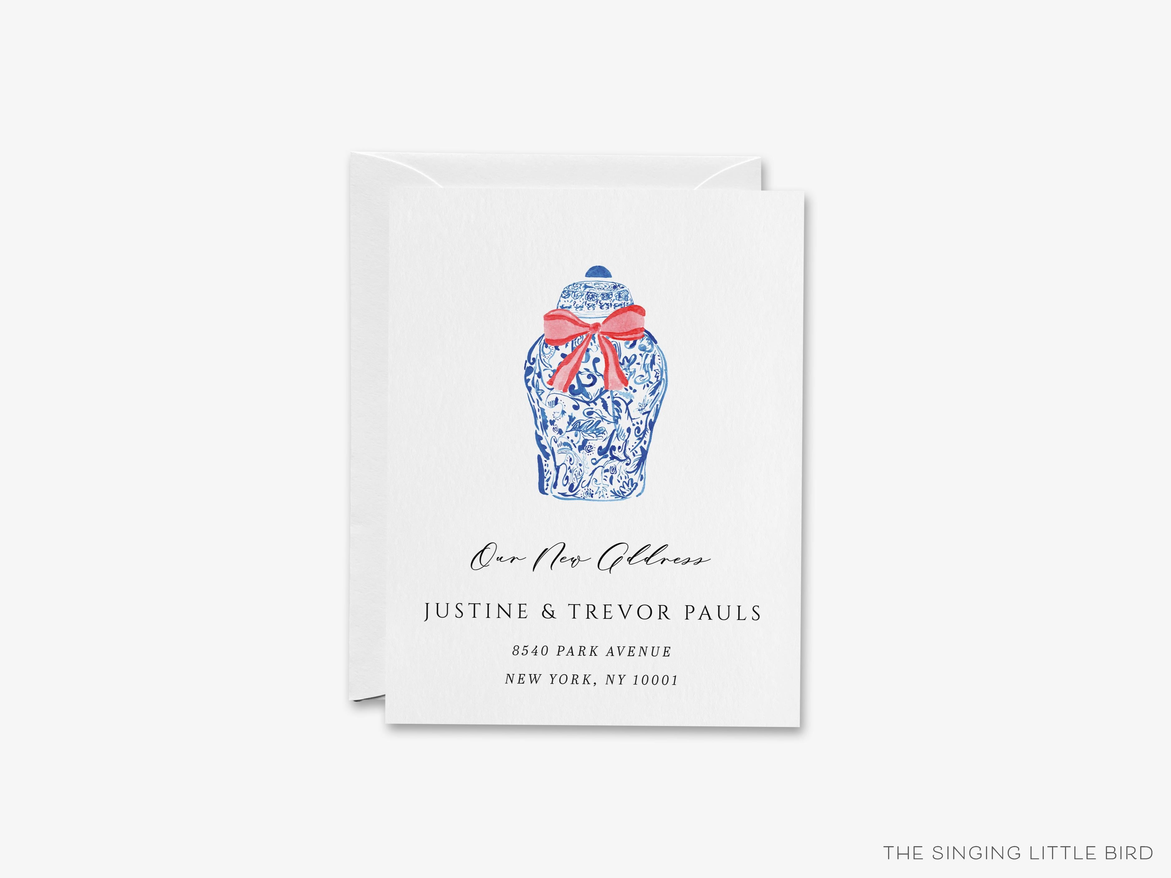 Ginger Jar Christmas Moving Announcement-These personalized flat change of address cards are 4.25x5.5 and feature our hand-painted watercolor Christmas Ginger Jar, printed in the USA on 120lb textured stock. They come with your choice of envelopes and make great moving announcements for the chinoiserie and holiday lover.-The Singing Little Bird