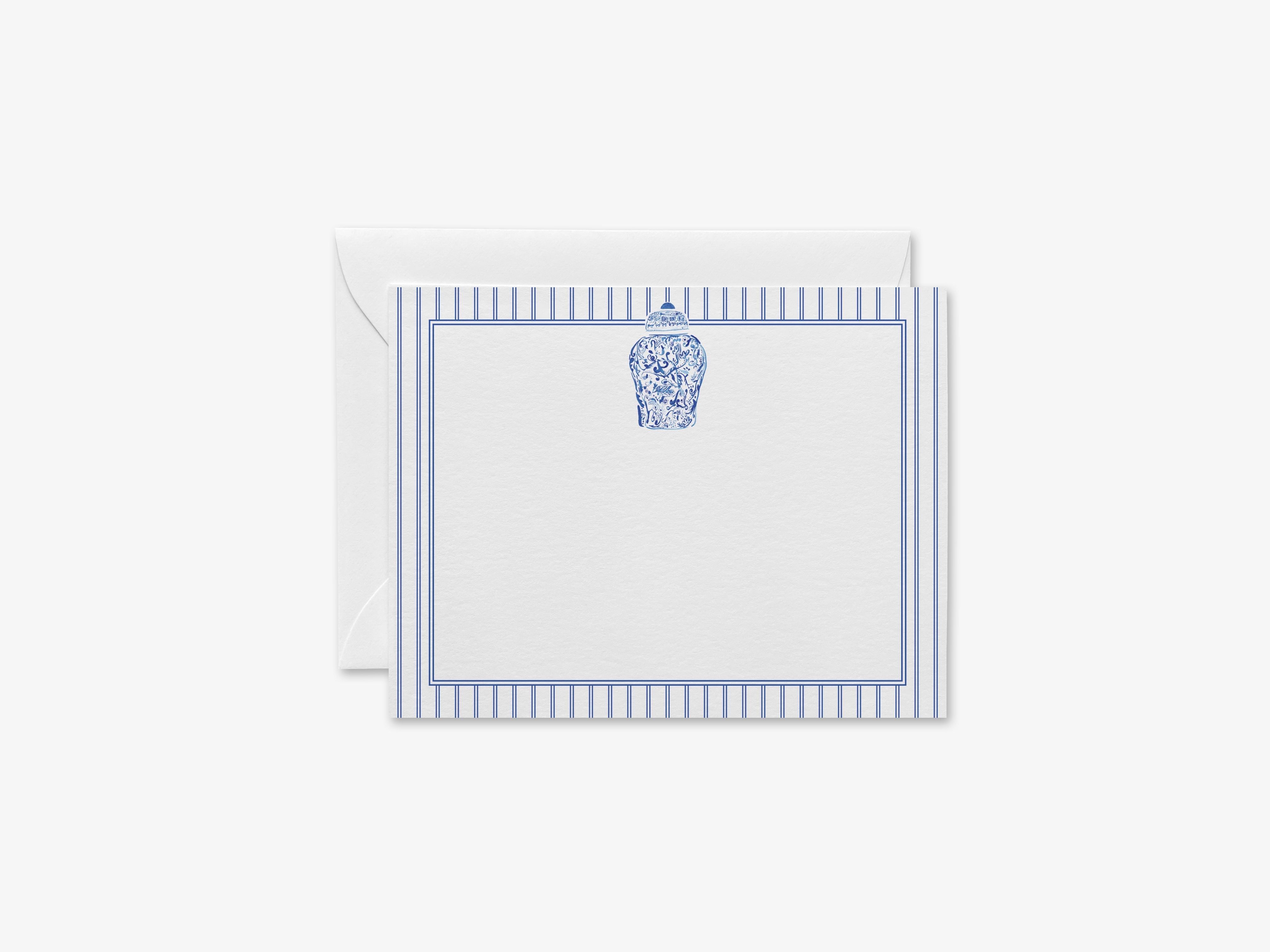 Ginger Jar Flat Notes-These personalized flat notecards are 4.25x5.5 and feature our hand-painted watercolor Ginger Jar, printed in the USA on 120lb textured stock. They come customized or blank with your choice of envelopes and make great thank yous and gifts for the chinoiserie lover in your life.-The Singing Little Bird