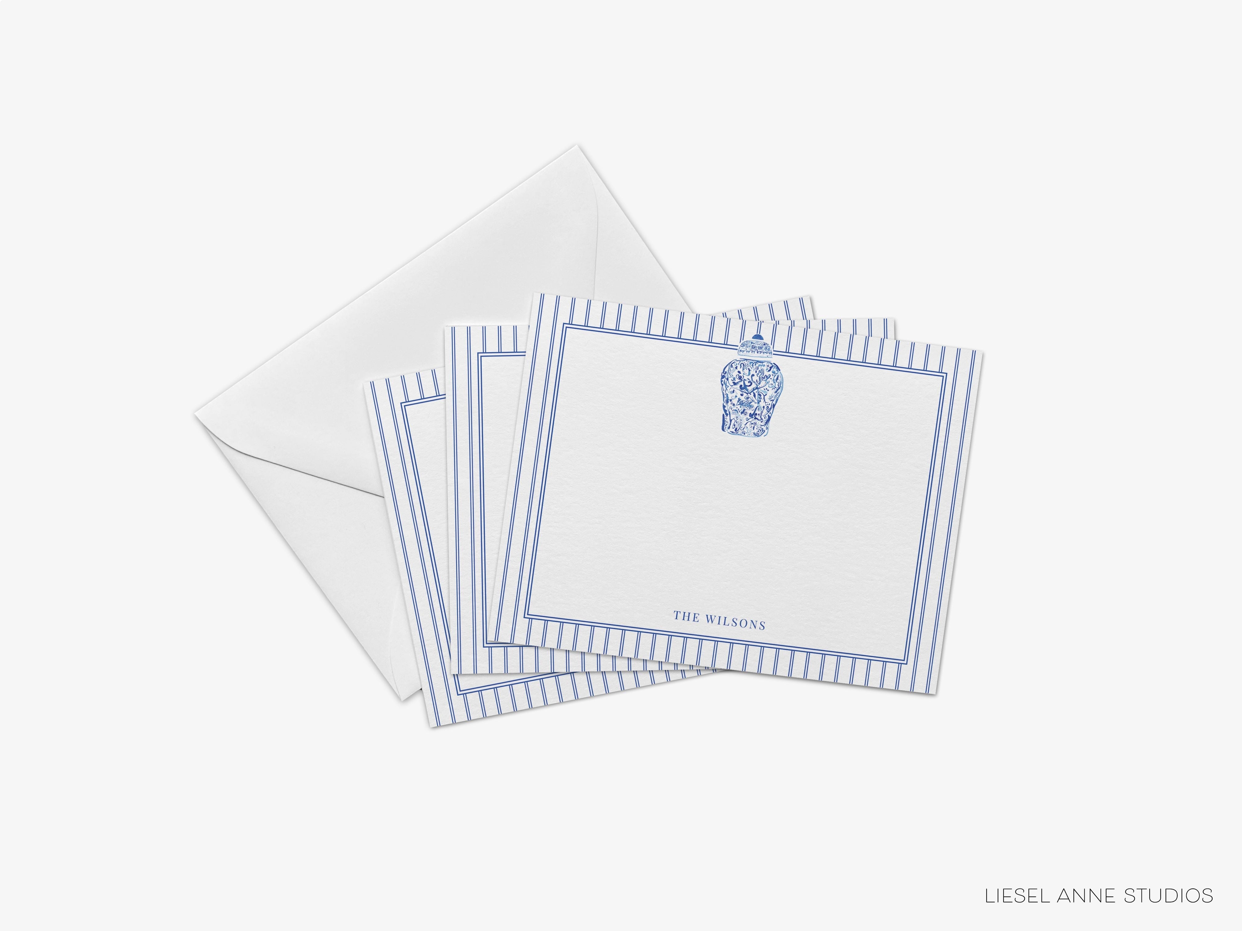 Ginger Jar Flat Notes-These personalized flat notecards are 4.25x5.5 and feature our hand-painted watercolor Ginger Jar, printed in the USA on 120lb textured stock. They come customized or blank with your choice of envelopes and make great thank yous and gifts for the chinoiserie lover in your life.-The Singing Little Bird