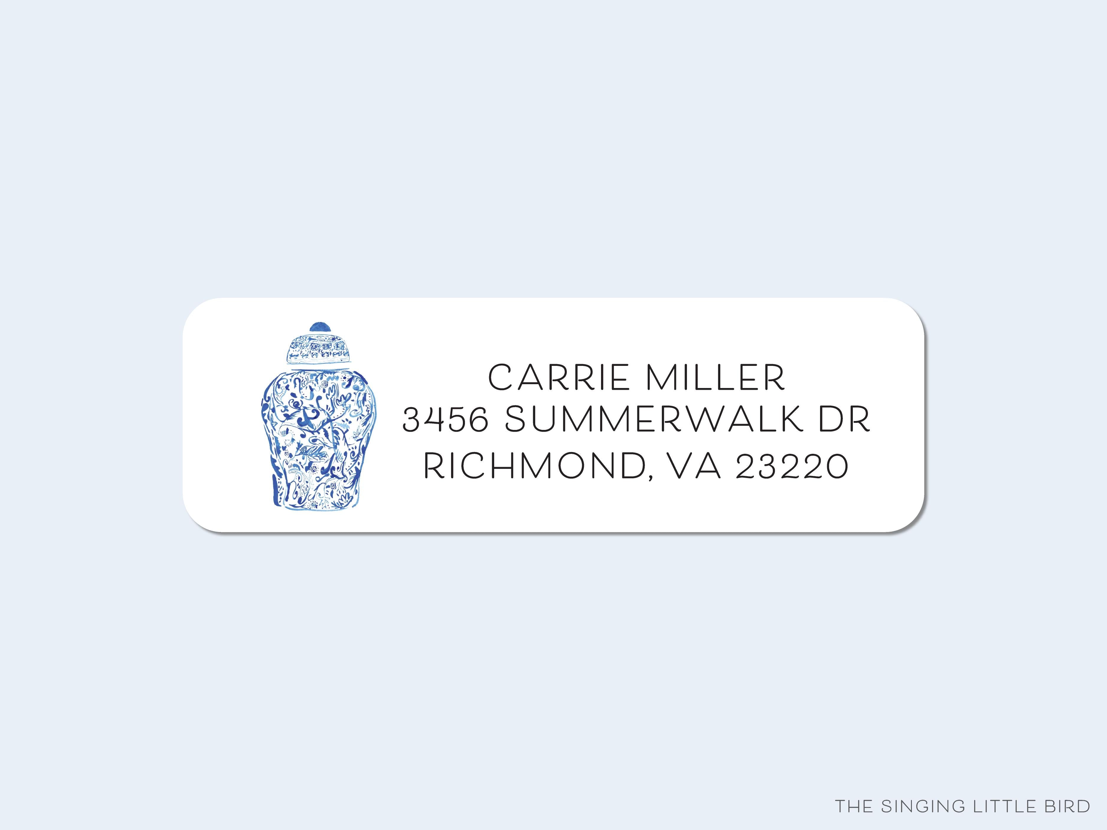 Ginger Jar Return Address Labels-These personalized return address labels are 2.625" x 1" and feature our hand-painted watercolor Ginger Jar, printed in the USA on beautiful matte finish labels. These make great gifts for yourself or the chinoiserie lover.-The Singing Little Bird