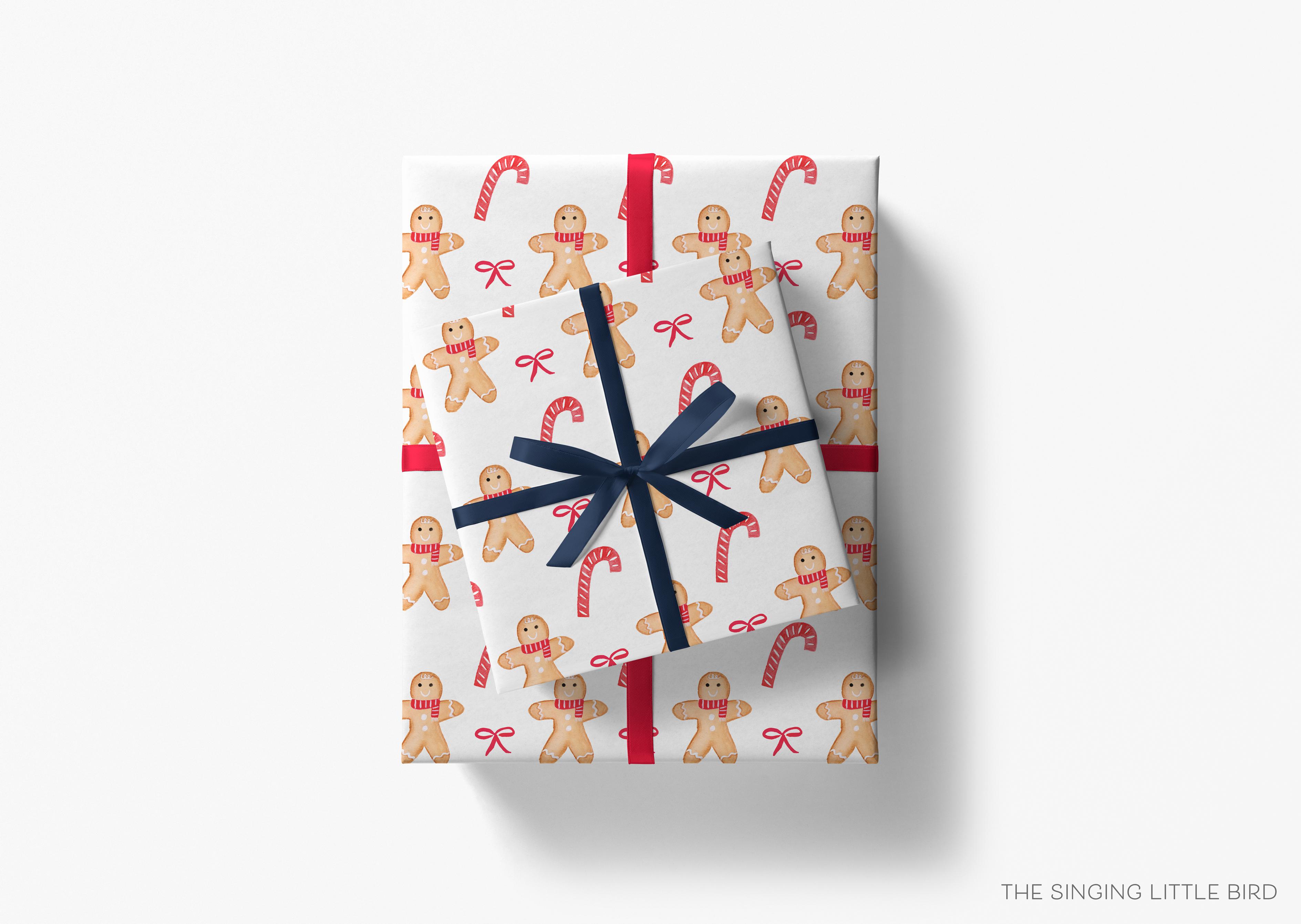 Gingerbread Christmas Gift Wrap-This matte finish gift wrap features our hand-painted watercolor gingerbread men and candy canes. It makes a perfect wrapping paper for a holiday present. -The Singing Little Bird