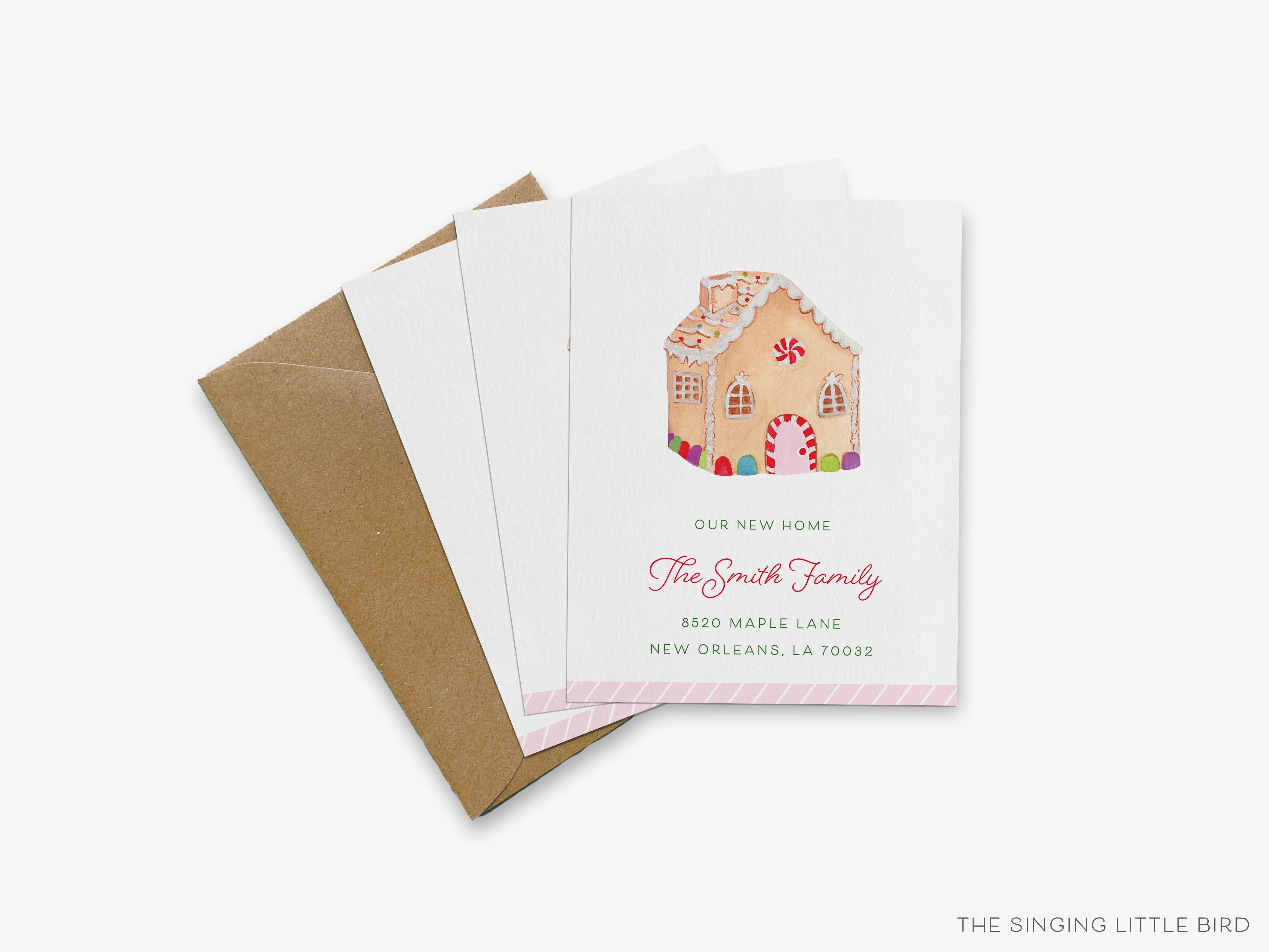 Gingerbread House Moving Announcement-These personalized flat change of address cards are 4.25x5.5 and feature our hand-painted watercolor Gingerbread house, printed in the USA on 120lb textured stock. They come with your choice of envelopes and make great moving announcements for the holiday lover.-The Singing Little Bird