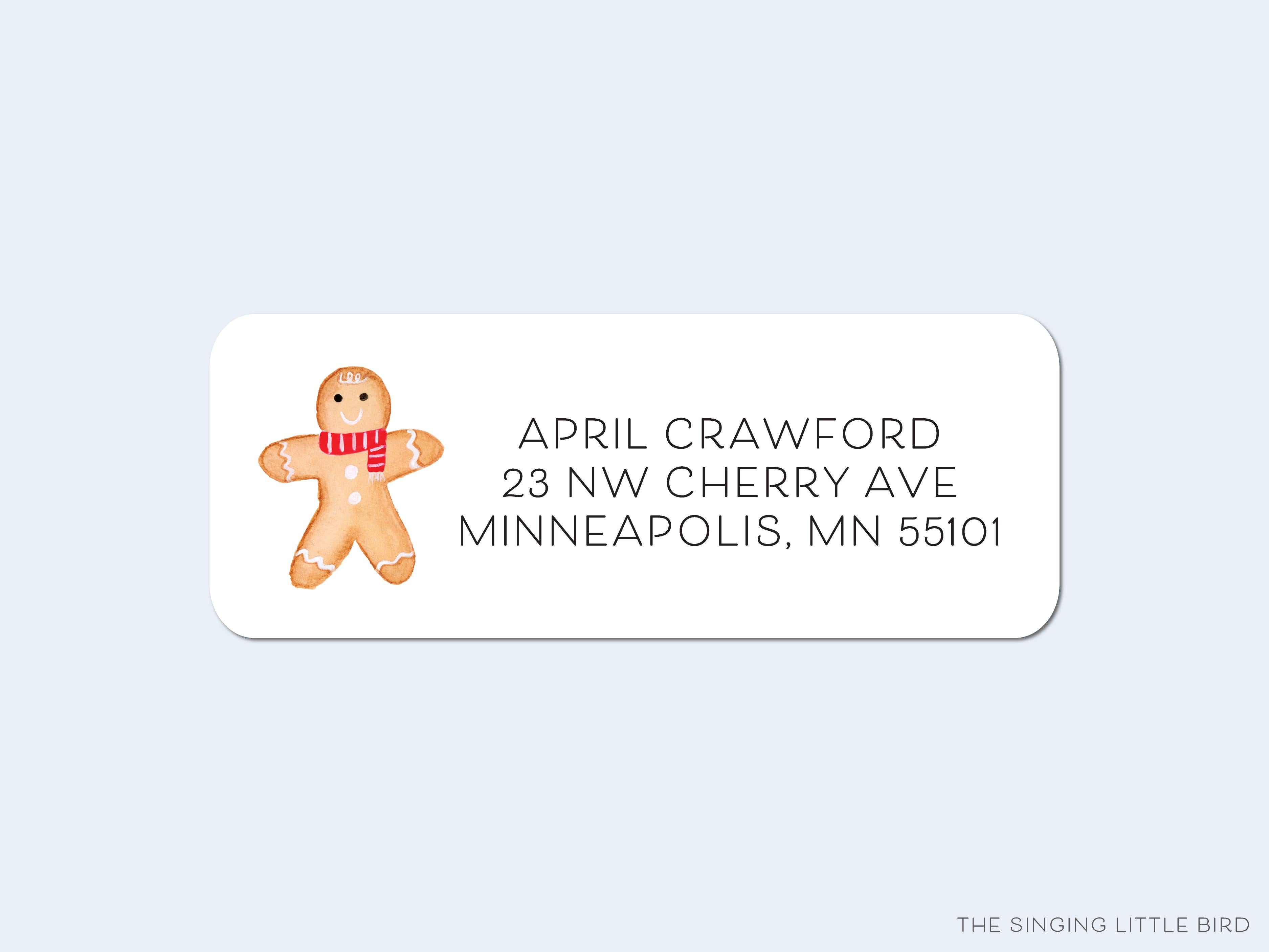Gingerbread Man Return Address Labels-These personalized return address labels are 2.625" x 1" and feature our hand-painted watercolor Gingerbread Man, printed in the USA on beautiful matte finish labels. These make great gifts for yourself or the Christmas cookie lover.-The Singing Little Bird