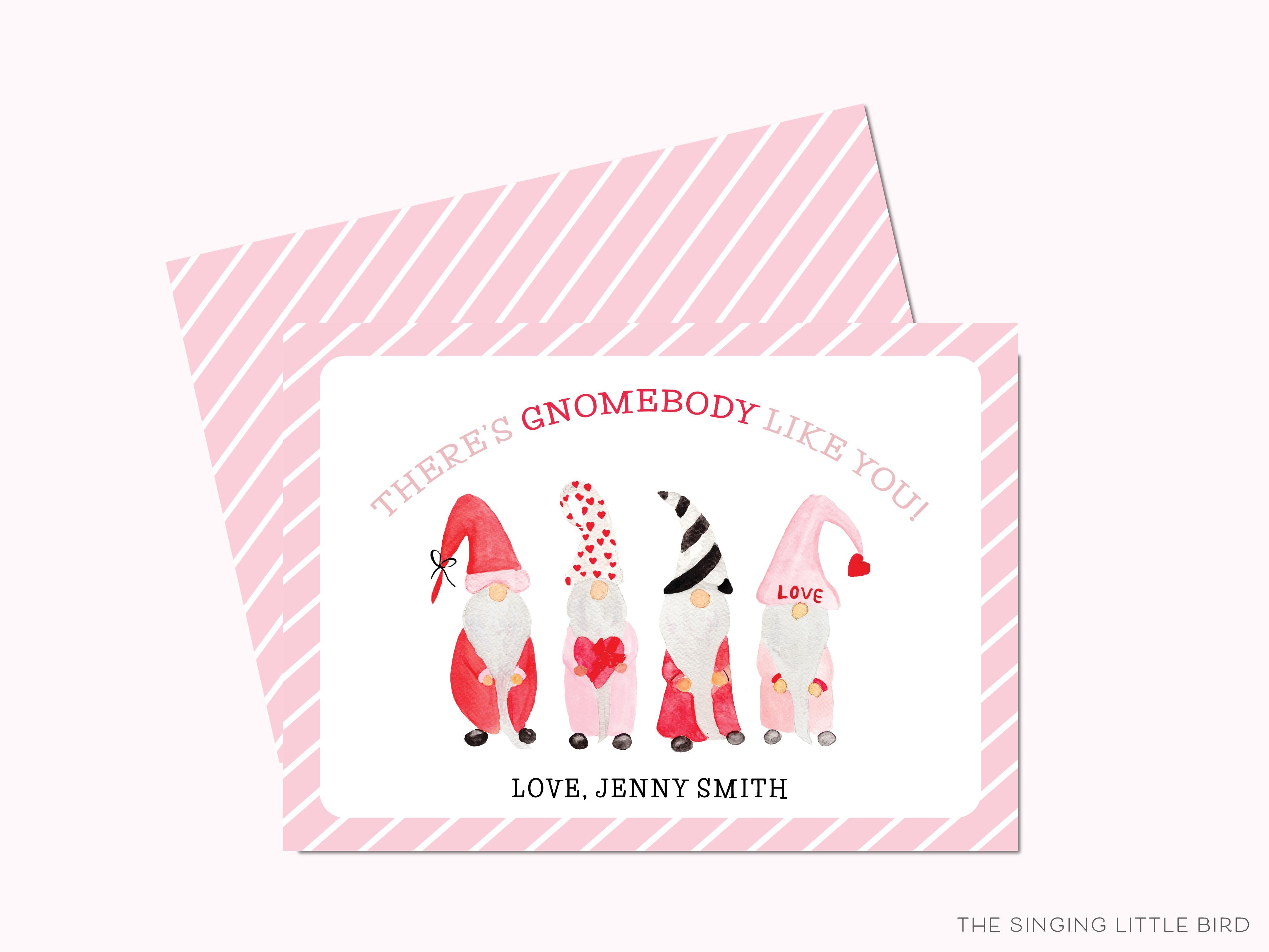 Gnome Valentine's Day Cards-These personalized flat notecards are 3.5" x 4.875 and feature our hand-painted watercolor gnomes, printed in the USA on 120lb textured stock. They come with white envelopes and make great Valentine's Day cards for kids and gnome lovers in your life.-The Singing Little Bird