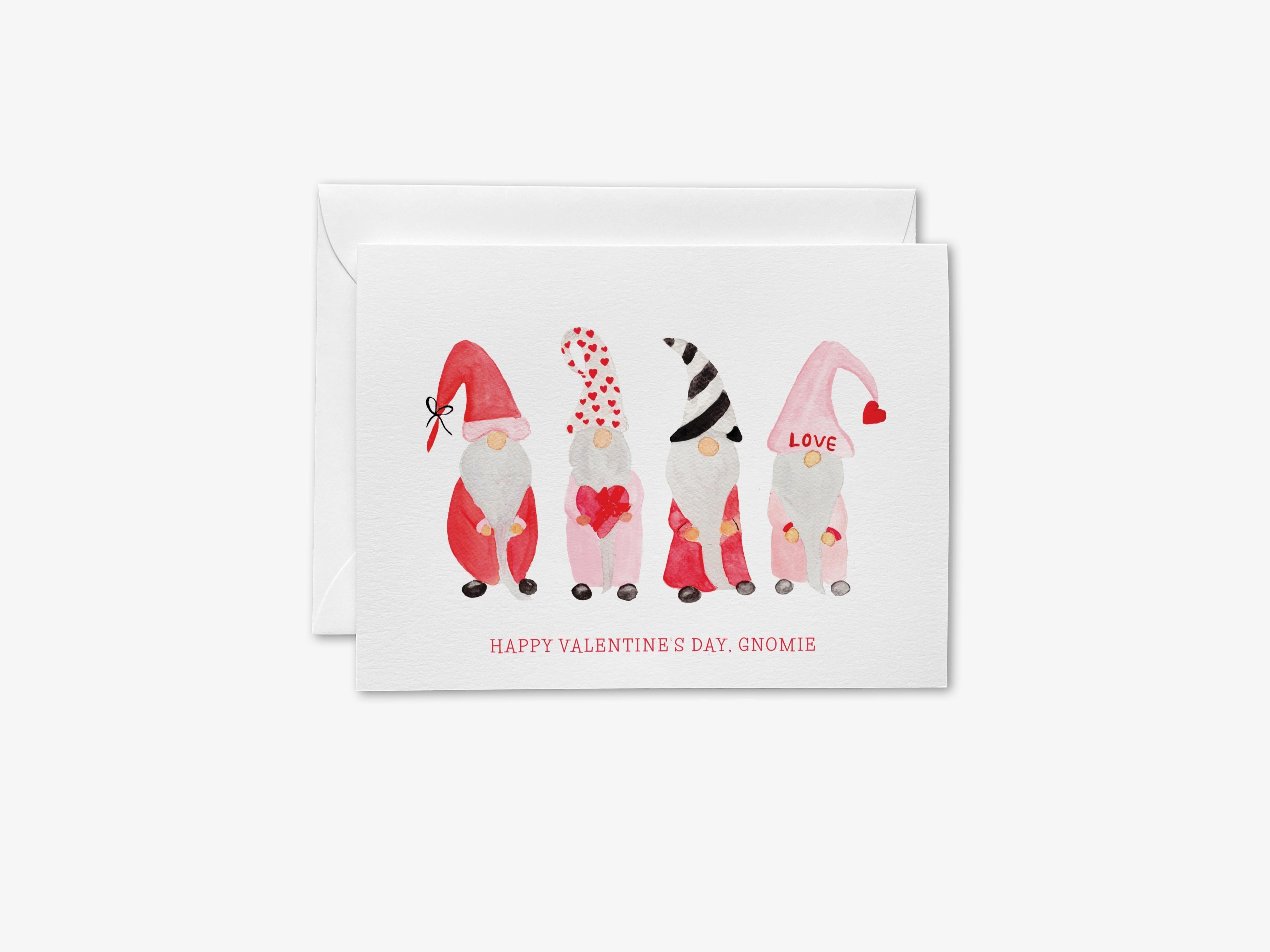 Gnome Valentine's Day Greeting Card-These folded greeting cards are 4.25x5.5 and feature our hand-painted gnomes, printed in the USA on 100lb textured stock. They come with a White envelope and make a great Valentine's Day card for the special someone in your life.-The Singing Little Bird