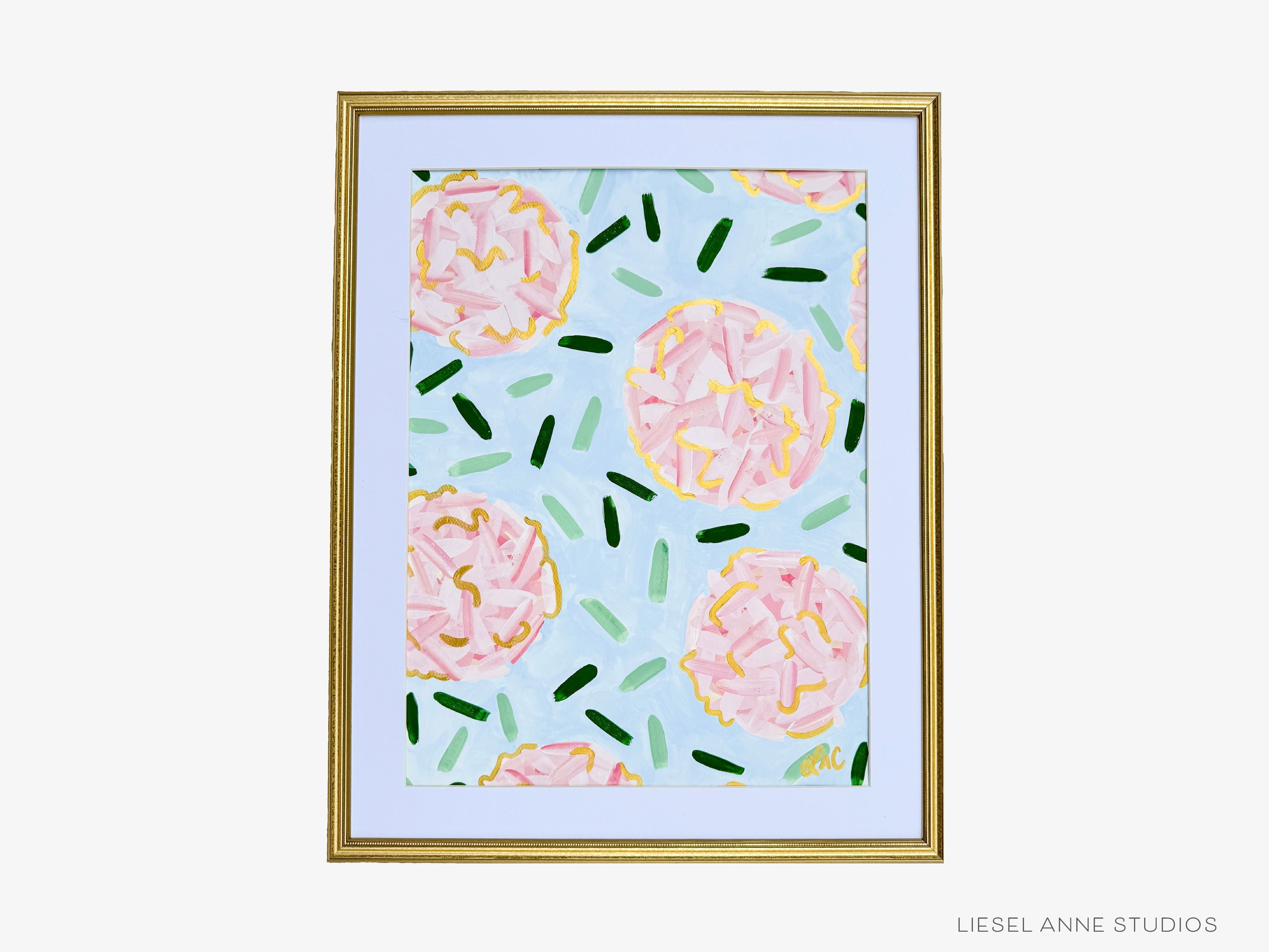 Golden Hydrangea | Blue & Pink II-Original artwork measures 18" x 24" | Hand-Painted with gouache on cold press watercolor paper | Matted and framed in gold wood frame sized 22" x 28" | UV shielding acrylic glass | Hanging hardware included | Features our signature Golden Hydrangea design with a light blue base, pink hydrangeas and shimmery gold accents | Initialed in gold by the Liesel Anne (the artist) on the front and signed and dated on the back.-The Singing Little Bird