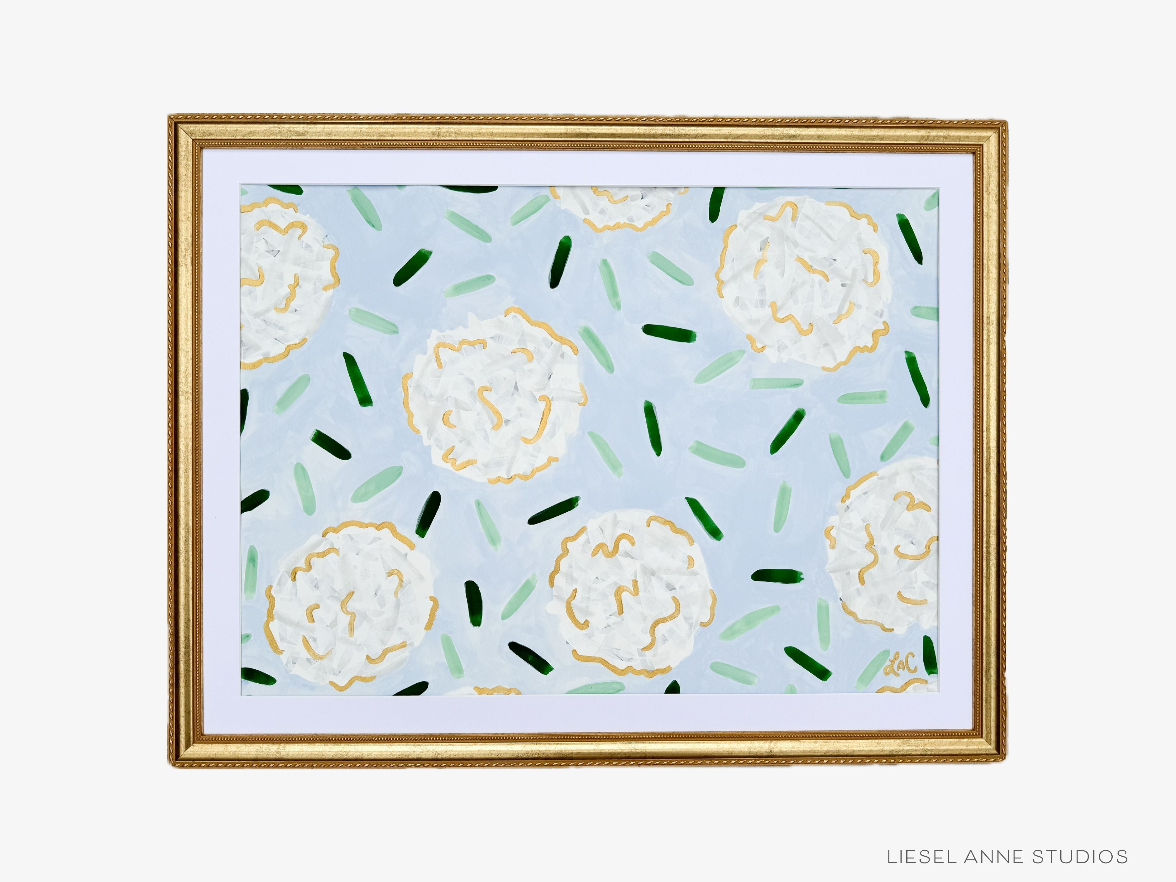 Golden Hydrangea | Blue & White III-Original artwork measures 22"x30"" | Hand-Painted with gouache on cold press watercolor paper | Matted and framed in gold wood frame sized 27 1/4" x 35 1/4" | UV shielding acrylic glass | Hanging hardware included | Features our signature Golden Hydrangea design with a light blue base, white hydrangeas and shimmery gold accents | Initialed in gold by the Liesel Anne (the artist) on the front and signed and dated on the back.-The Singing Little Bird
