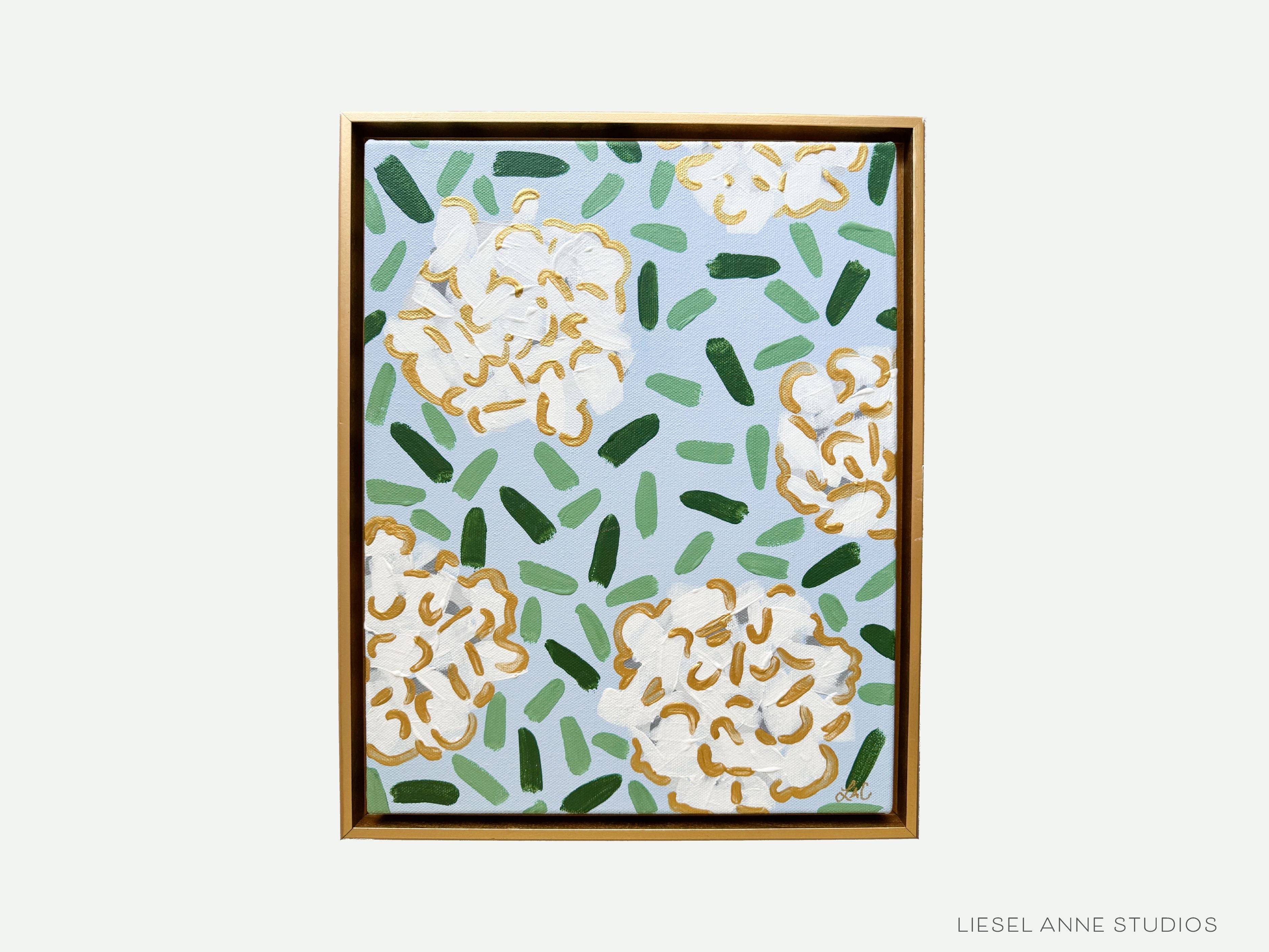 Golden Hydrangea | Blue & White XXIX-Original artwork measures 11"x14" | Framed in gold wood floater frame | Hand-Painted with gouache on stretched canvas | Features our signature Golden Hydrangea design with a light blue base, white hydrangeas and shimmery gold accents | Initialed in gold by the Liesel Anne (the artist) on the front and signed and dated on the back-The Singing Little Bird